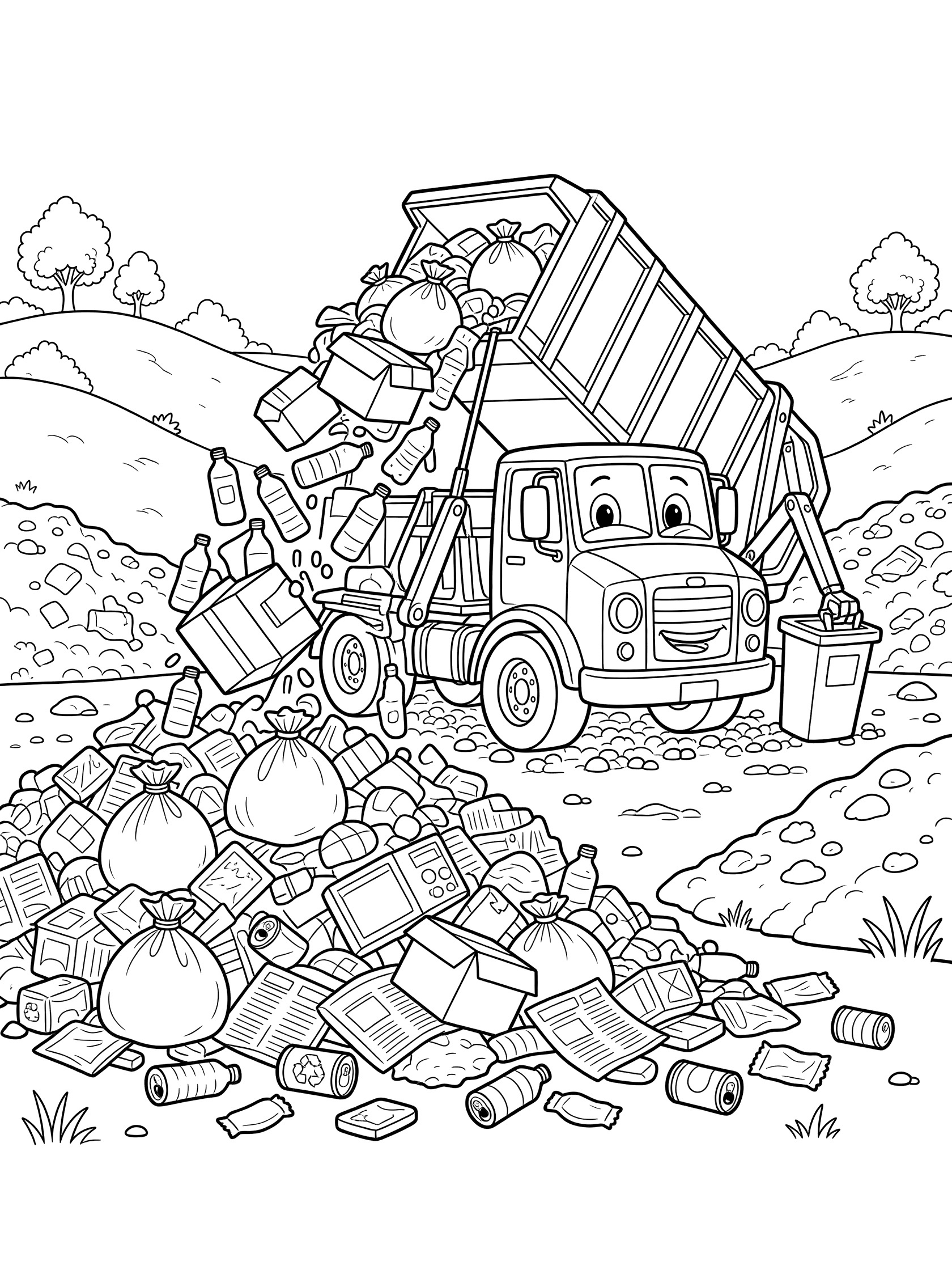 Black and white line art of a smiling trash truck with lifted hopper dumping trash bags, cardboard boxes, plastic bottles, and cans onto a landfill mound, big wheels on gravel, trees in background.