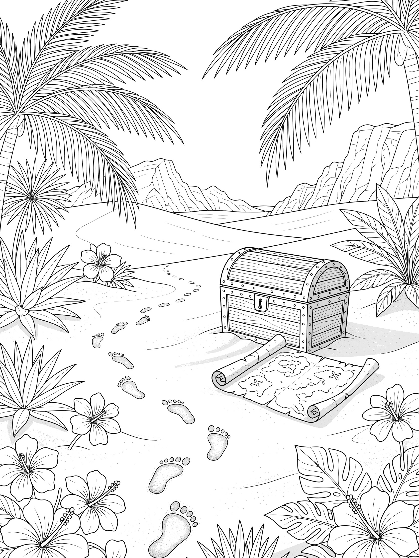 Black and white line drawing coloring page of a wooden treasure chest on sandy beach with footprints, rolled map, palm fronds, hibiscus flowers, plants, and distant cliffs. Desert Islands themed black and white printable line art