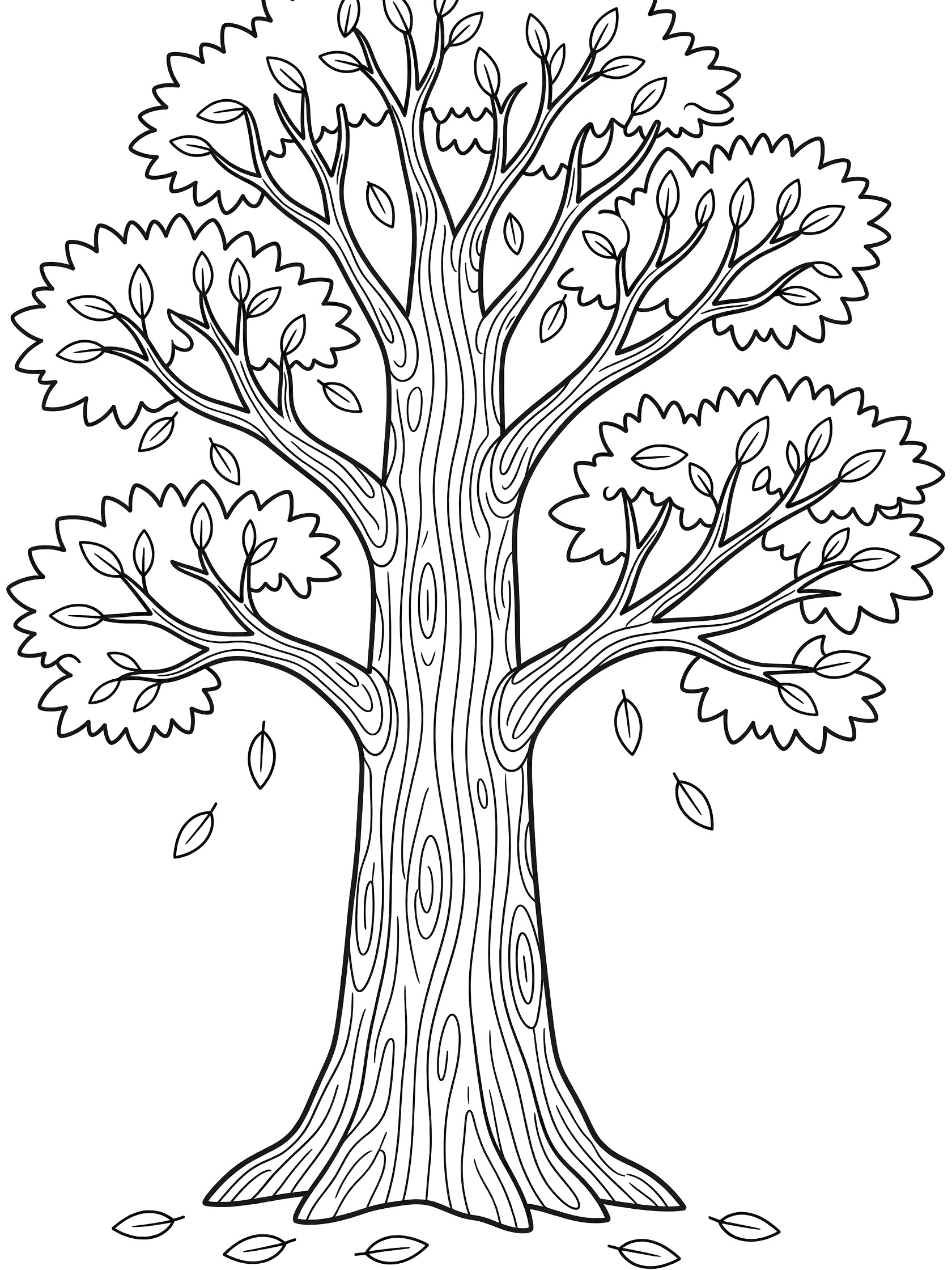Black and white line art of a tall tree with textured trunk, leafy branches, and leaves falling to the ground. Sequoia Tree themed black and white printable line art