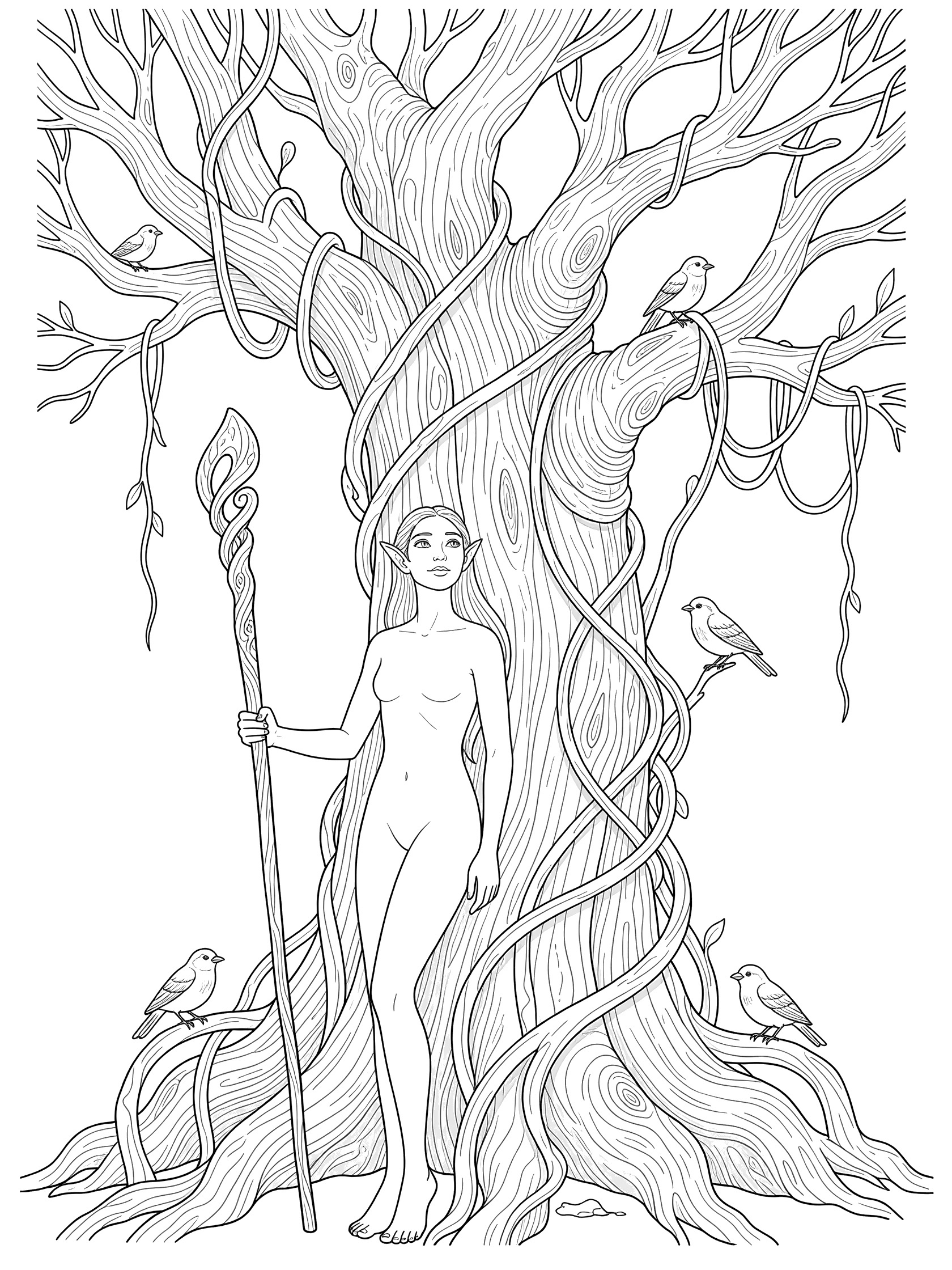 Black and white line art coloring page showing a nude elf woman holding a staff with a leaf top, standing by a large tree trunk covered in vines, with birds perched on branches. Tolkien Elves themed black and white printable line art