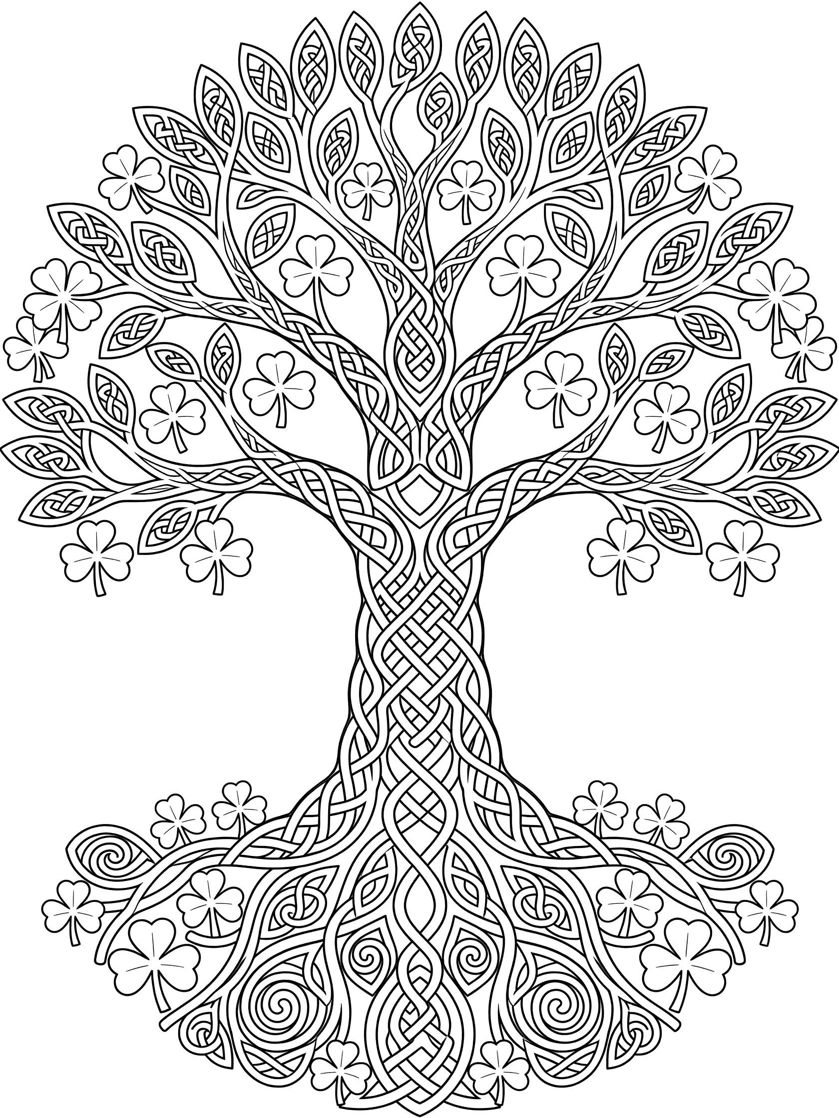 Detailed black and white line art of Tree of Life Celtic knot with shamrocks on roots and branches, symmetrical design for coloring.