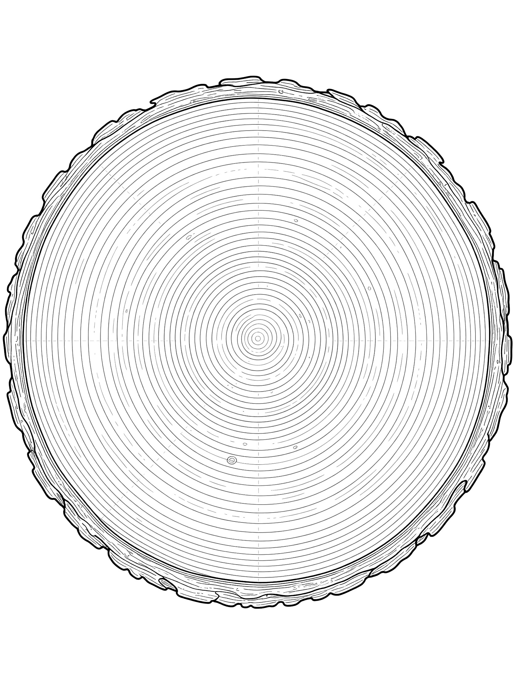 Black and white line art of a tree trunk cross section showing growth rings and rough bark edge, coloring page style. Redwood Tree themed black and white printable line art