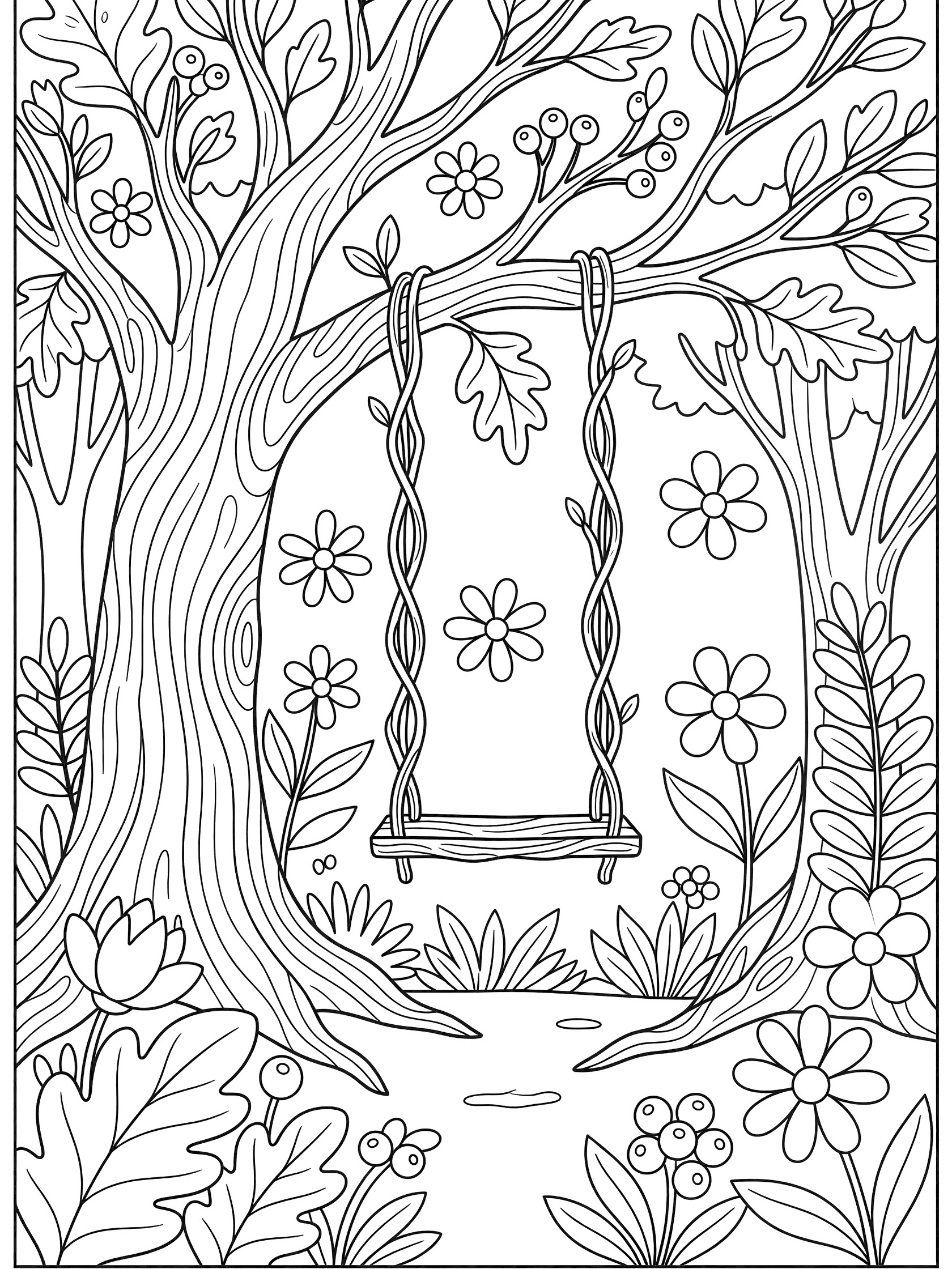 Black and white line art coloring page showing a wooden swing made of vines hanging from a large tree trunk surrounded by oak leaves, daisies, berries, twigs, and forest plants on a white background. Dark Forest themed black and white printable line art