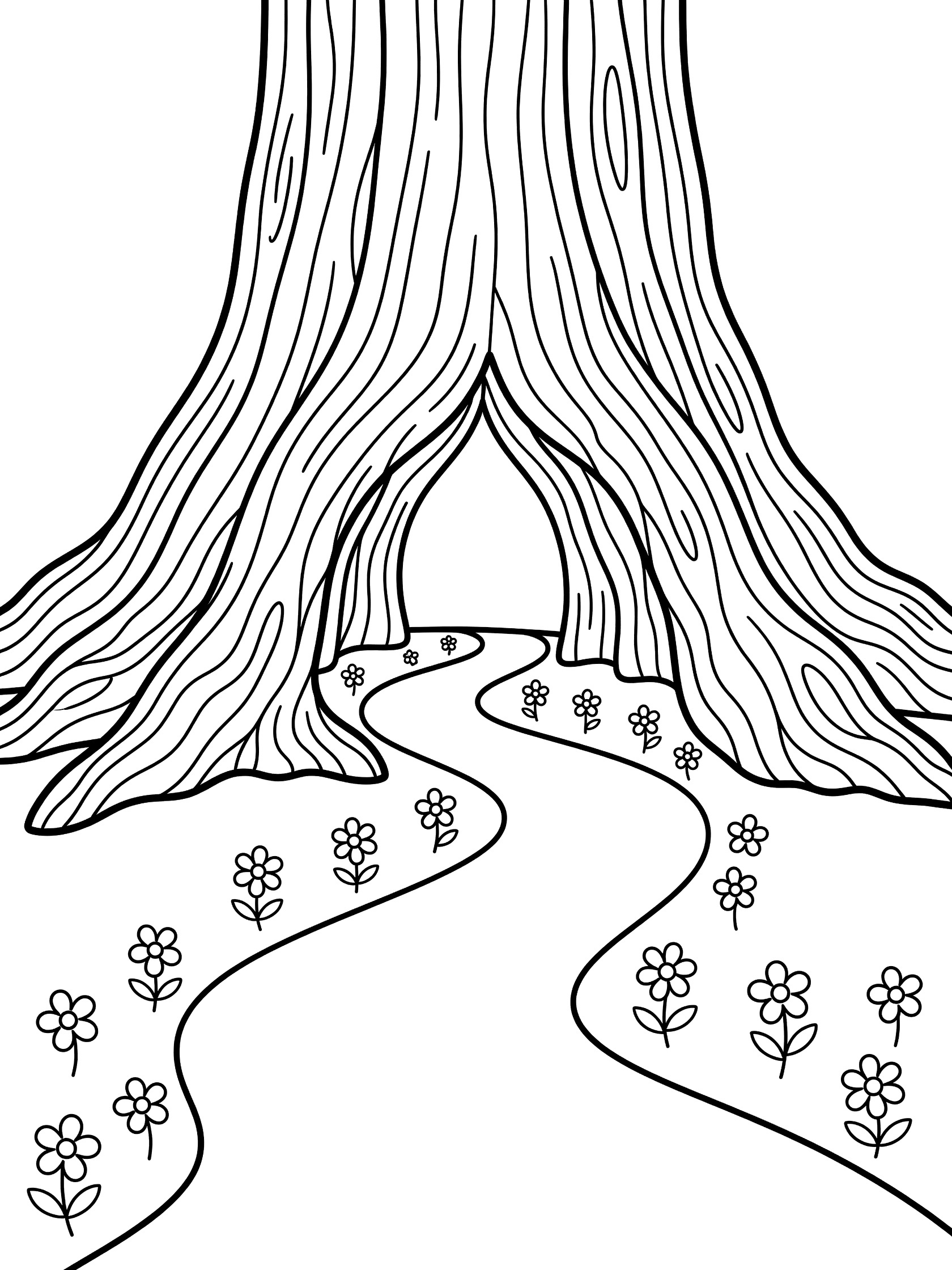 Black and white line art coloring page showing a tall tree trunk forming a tunnel arch over a curving path lined with small flowers. Sequoia Tree themed black and white printable line art