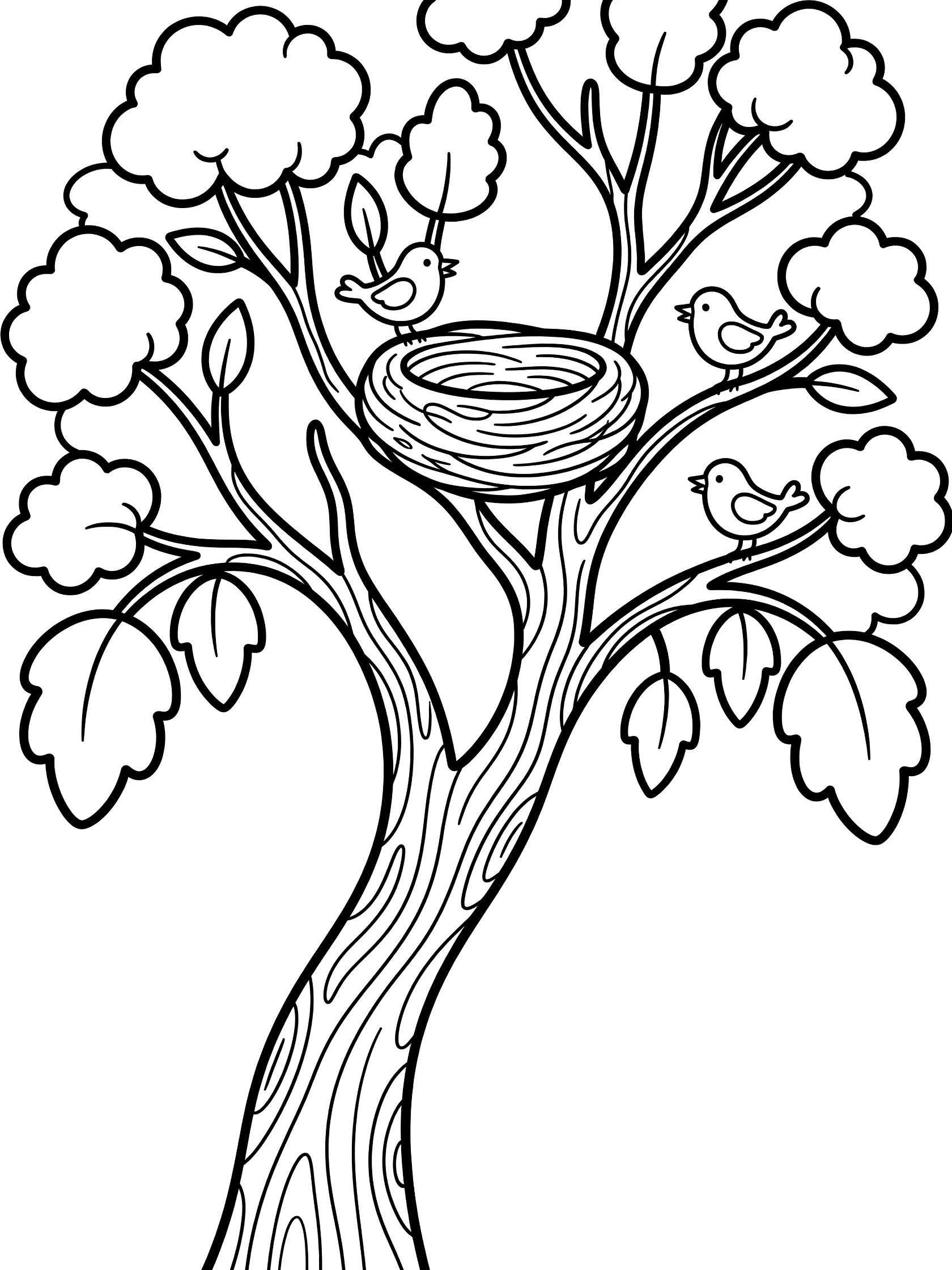 Black and white line art coloring page showing a tree with curved trunk, fluffy leaves, bird nest in branches, and small birds with open beaks. Willow Tree themed black and white printable line art