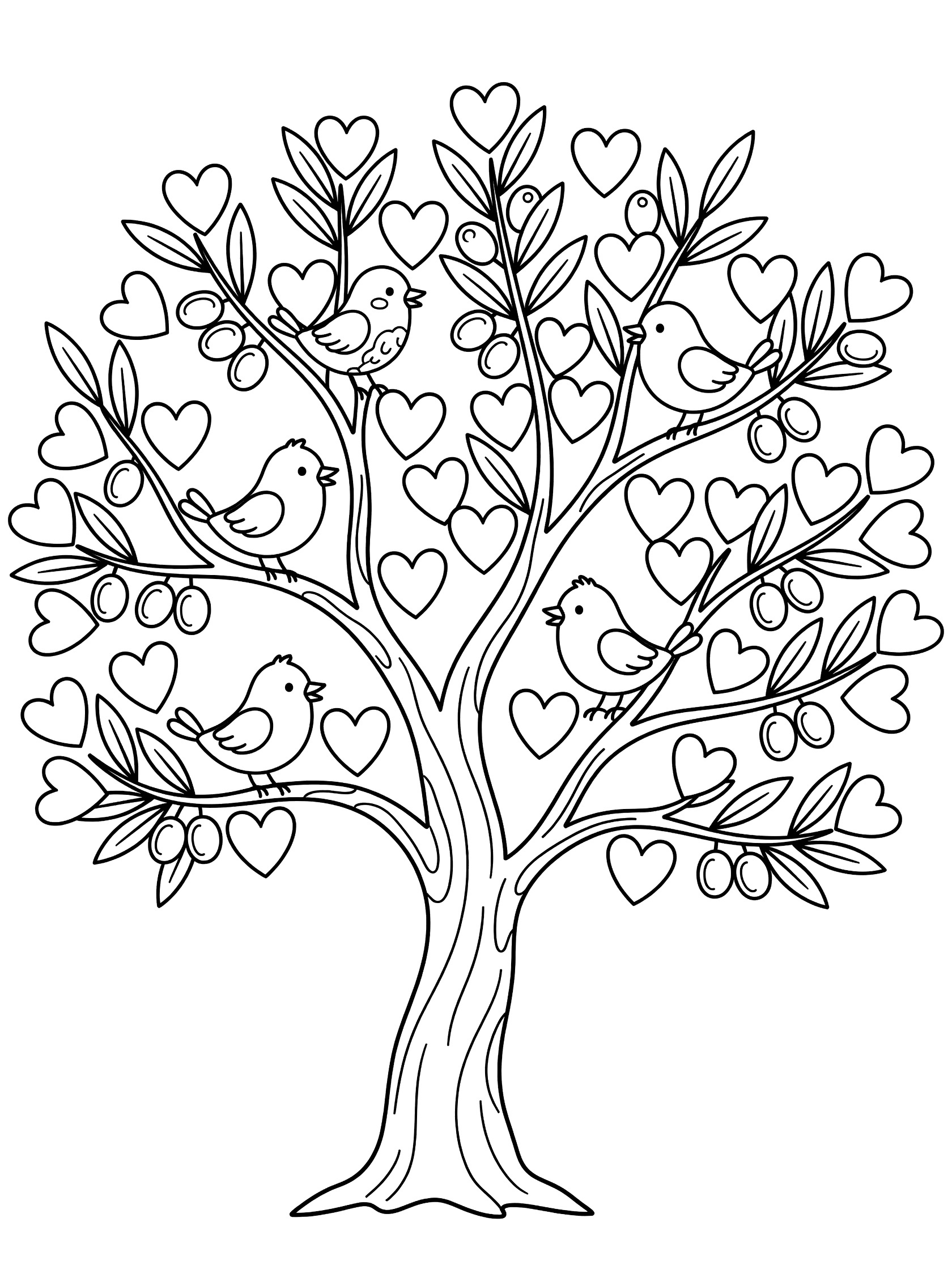 Printable coloring page showing a tree trunk with branches covered in heart leaves and olives, and several small birds perched on the branches. Olive Tree themed black and white printable line art