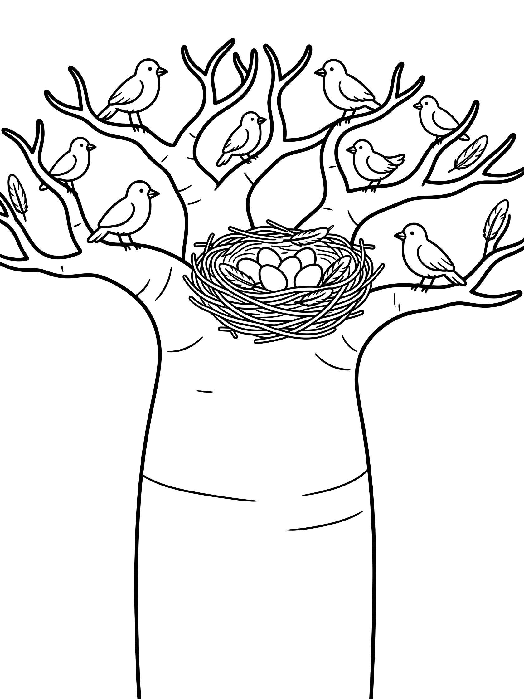 Black and white line art coloring page showing a tree with multiple birds on its thick branches and a nest filled with eggs tucked in the trunk. Baobab Tree themed black and white printable line art