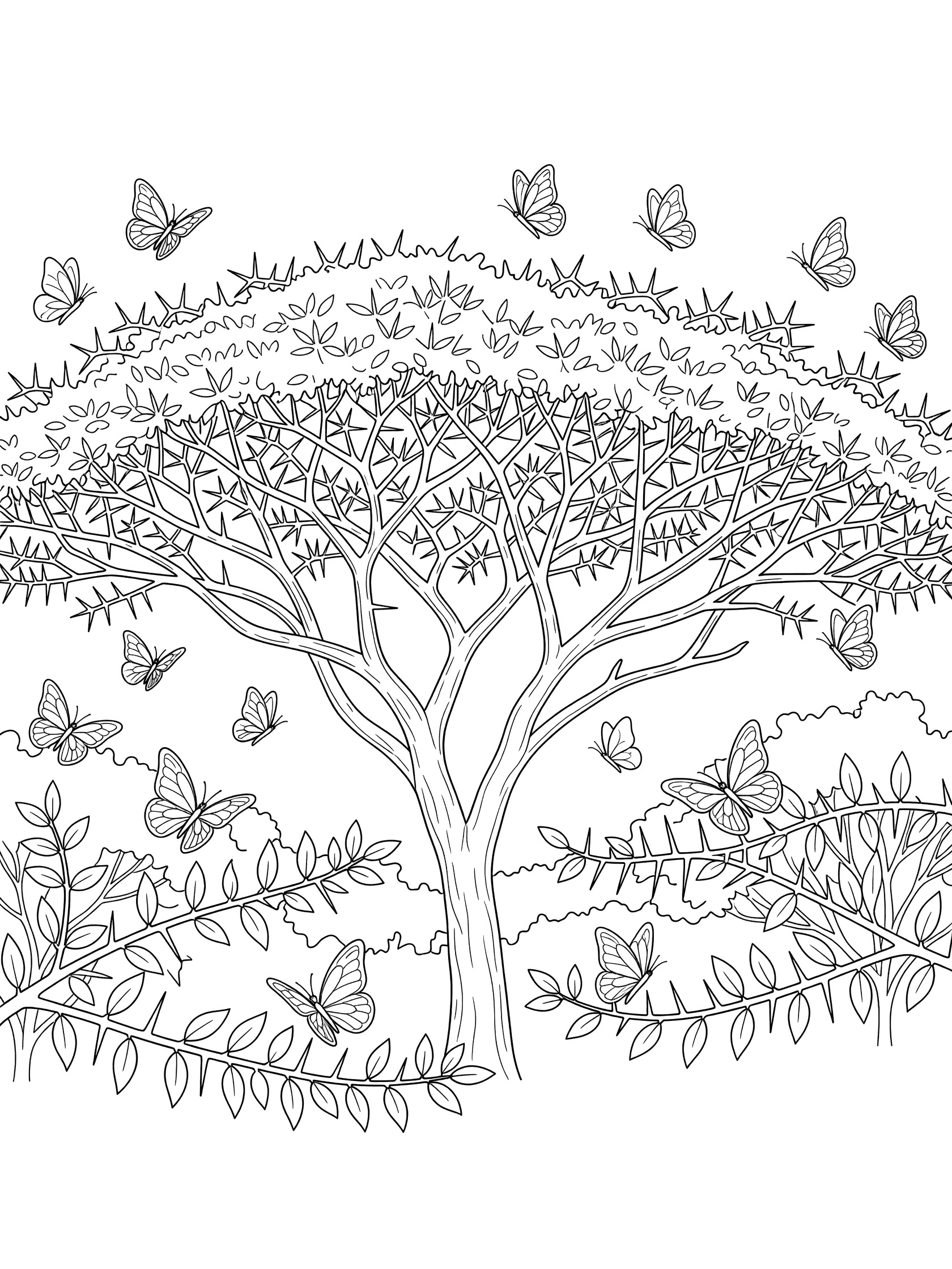 Black and white line art coloring page showing a large tree with wide branches full of leaves and many butterflies flying and landing nearby. Umbrella Thorn Acacia Tree themed black and white printable line art