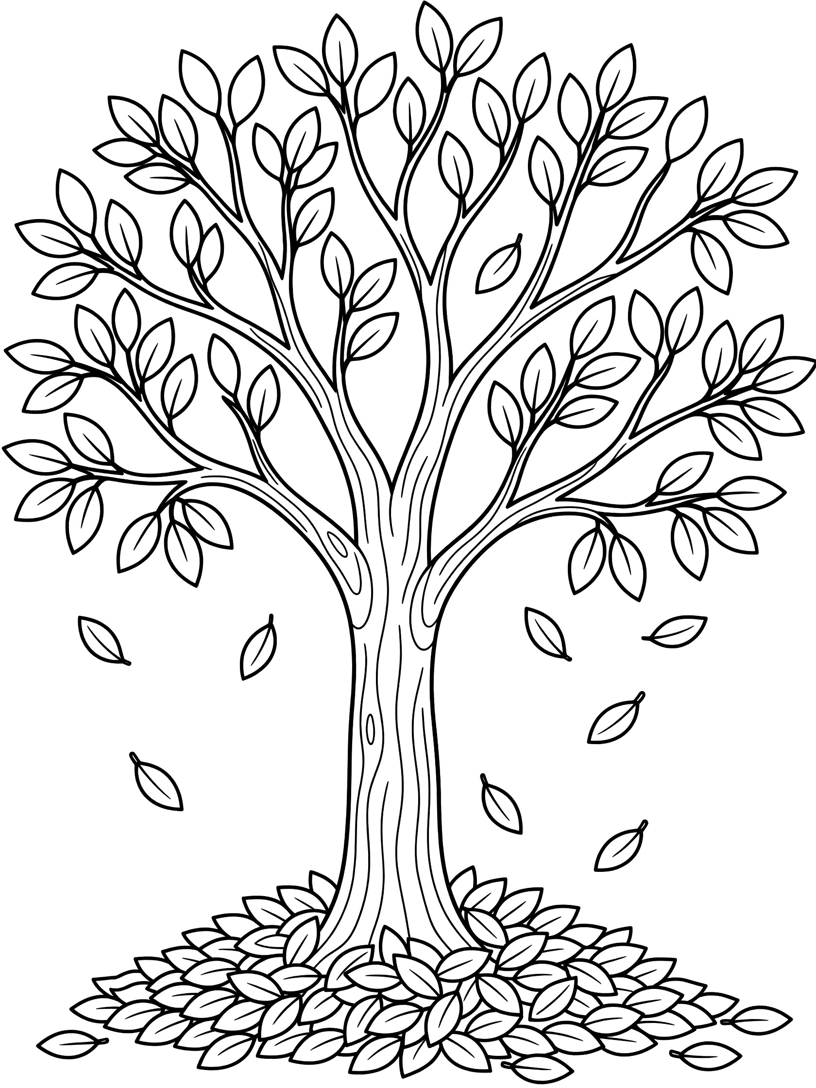 Black and white line art of a tree with branches full of leaves, some leaves falling, and a pile of leaves at the base on white background. Cherry Tree themed black and white printable line art