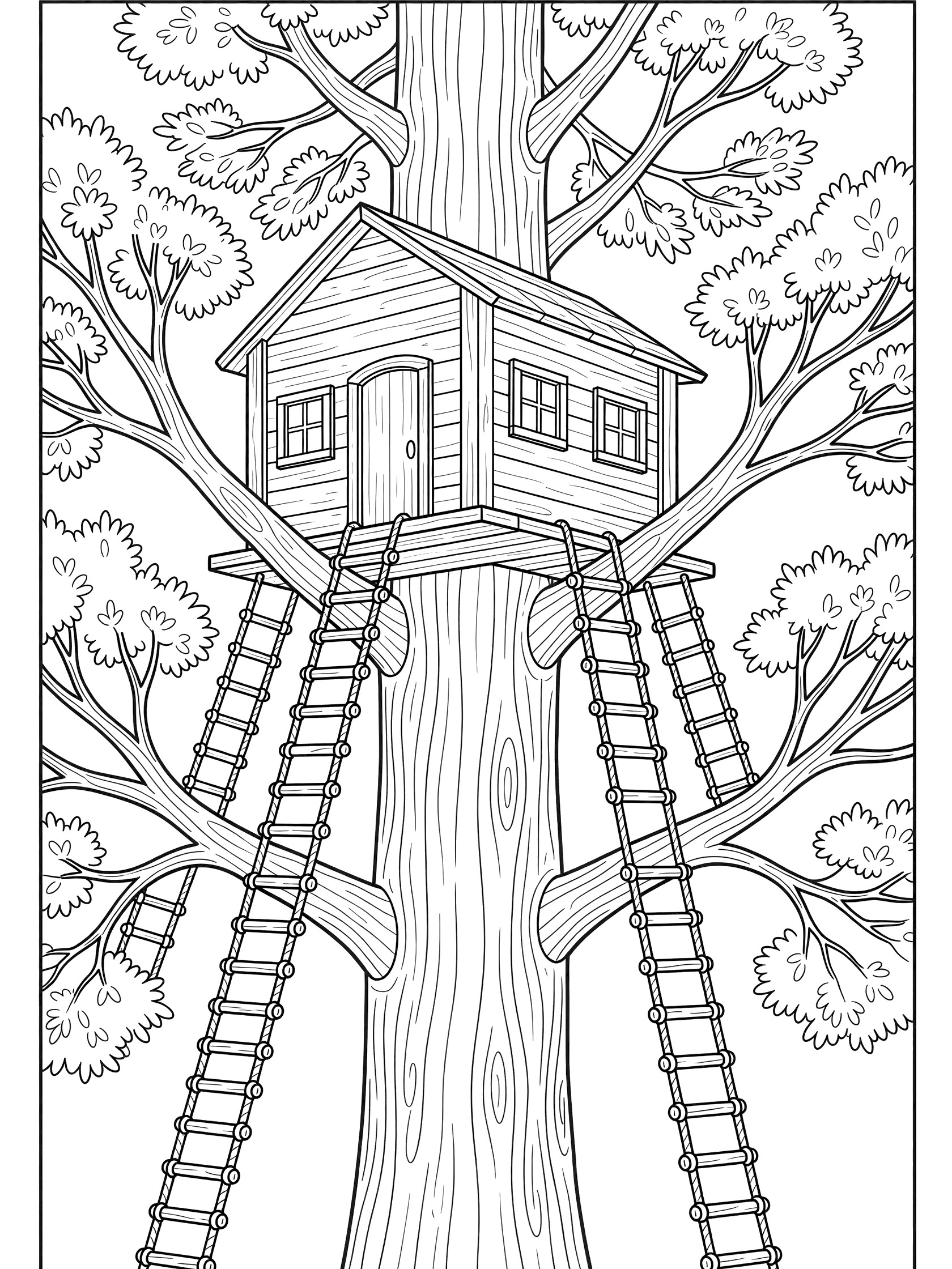 Black and white coloring page of a wooden treehouse built high in the branches of a tall tree with ladders connecting to the trunk, windows, and door. Redwood Tree themed black and white printable line art