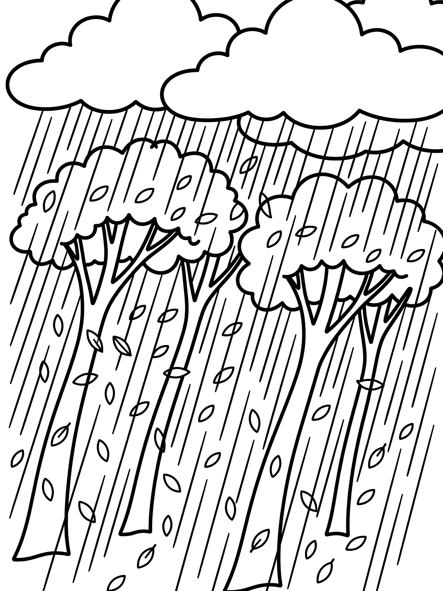 Black and white coloring page showing tall trees bending in wind with pouring rain lines, swirling leaves, and big cloudy sky.