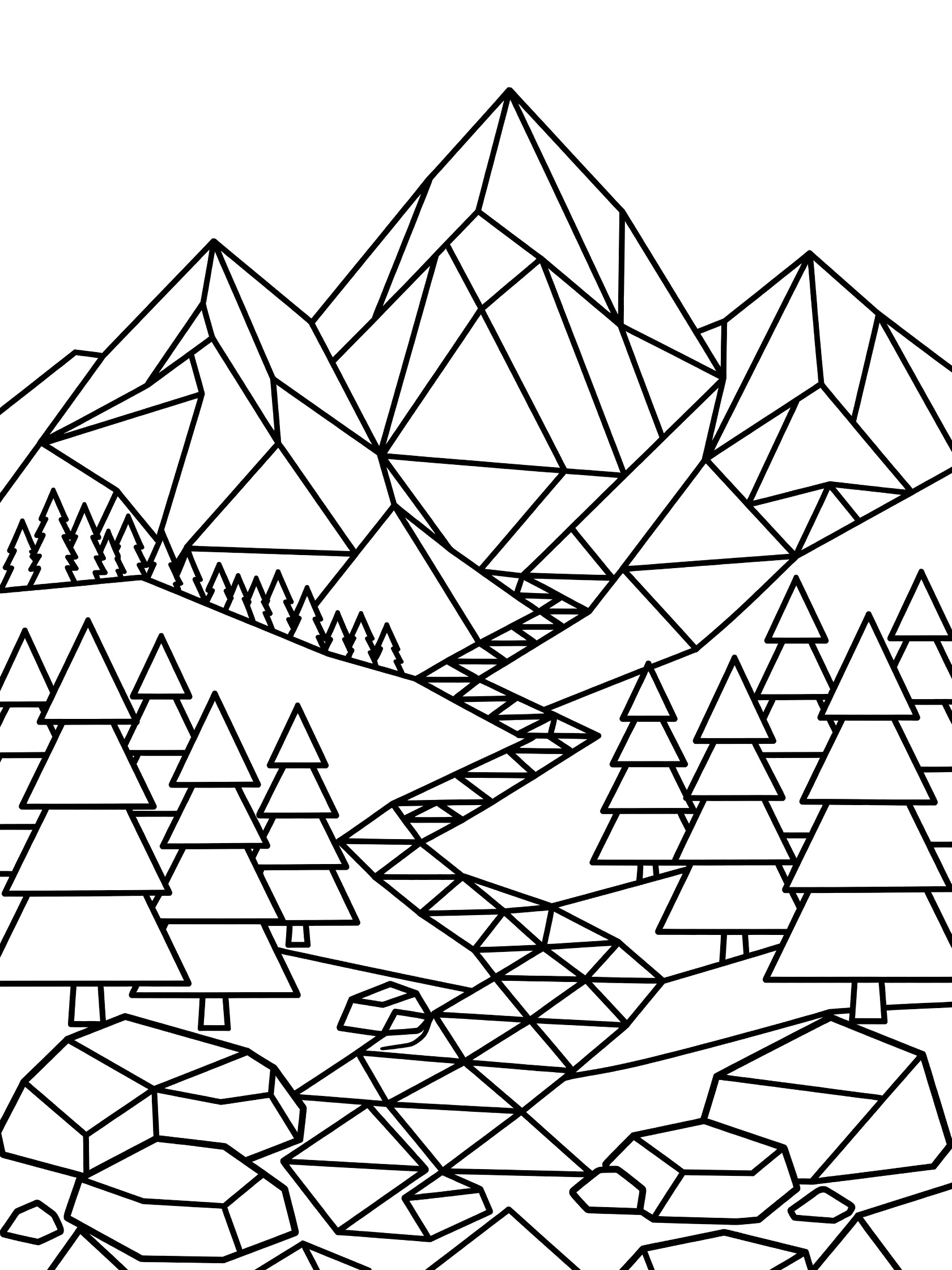 Black and white line art coloring page of geometric triangle mountains, interlocking triangles forming peaks and ridges, with pine trees and a path up the central peak.