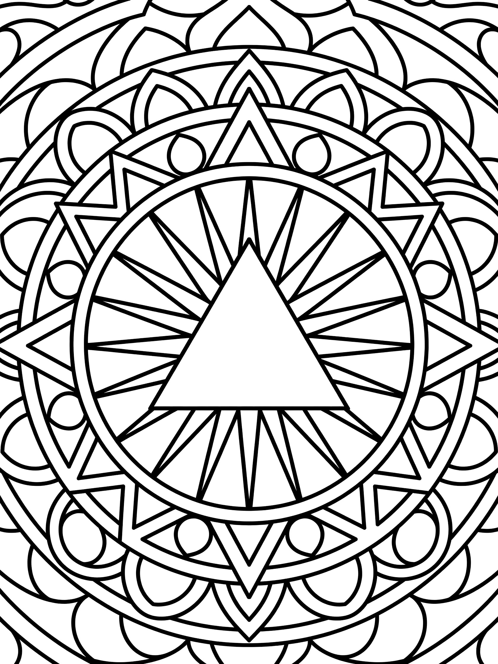 Black and white line art of a symmetrical triangle sun mandala coloring page featuring a central triangle sun with thick rays and repeating triangular patterns.
