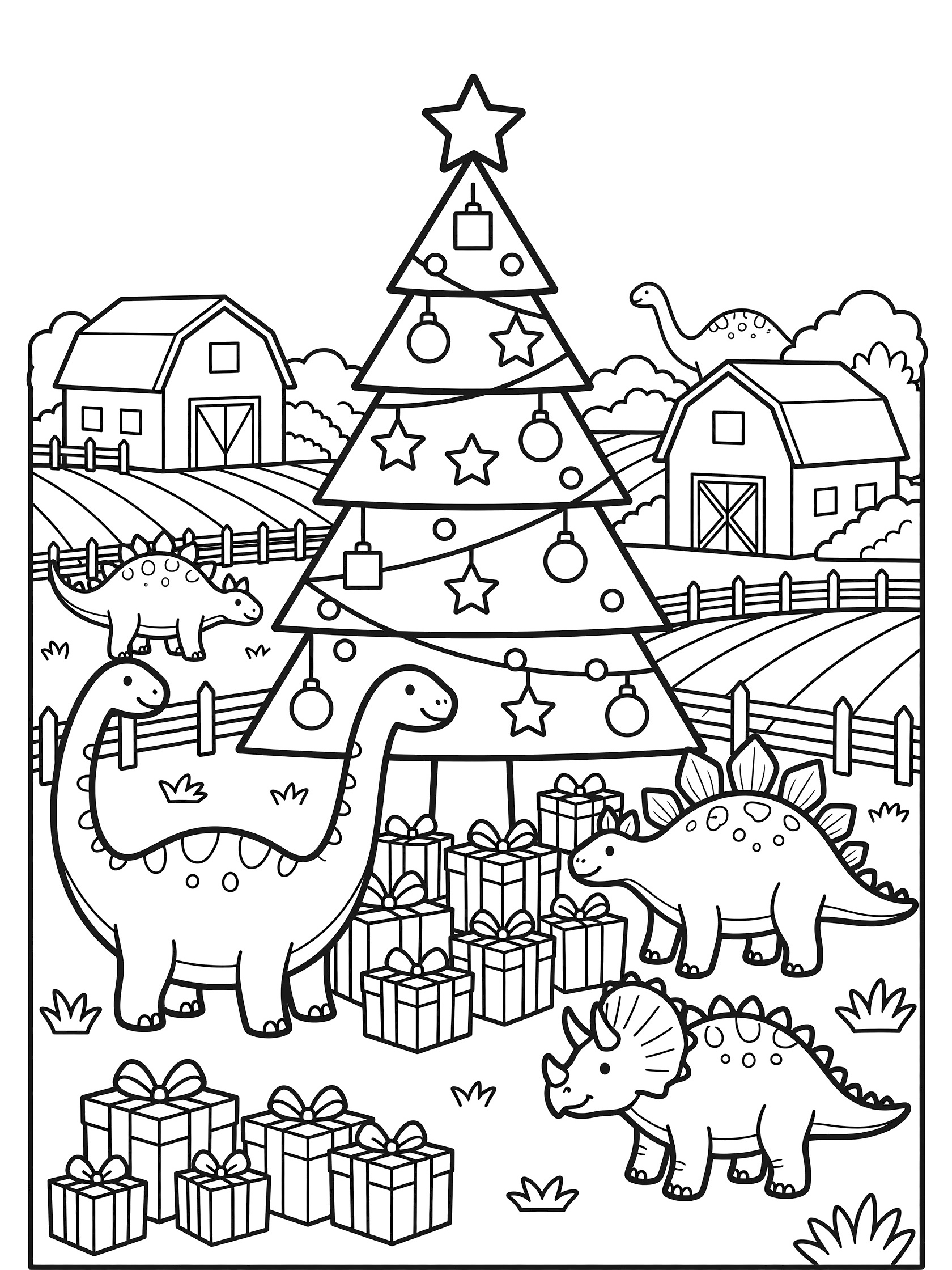 Black and white coloring page showing Triceratops dinosaur with other dinosaurs near a decorated Christmas tree and stacked presents on a farm with barns and fields.