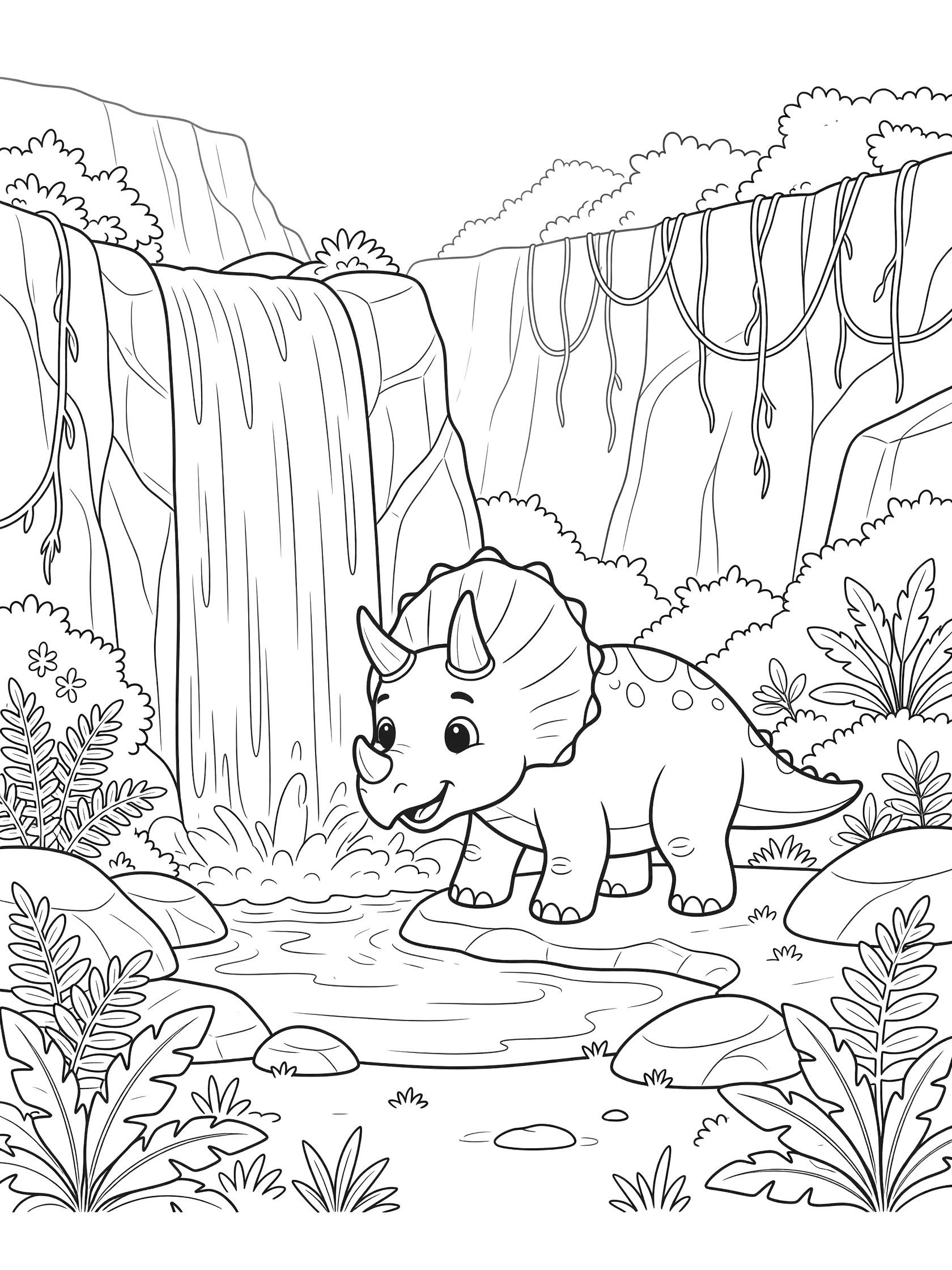Black and white coloring page of a friendly Triceratops with big eyes standing by a tall waterfall, drinking from a rocky pool surrounded by ferns and boulders.