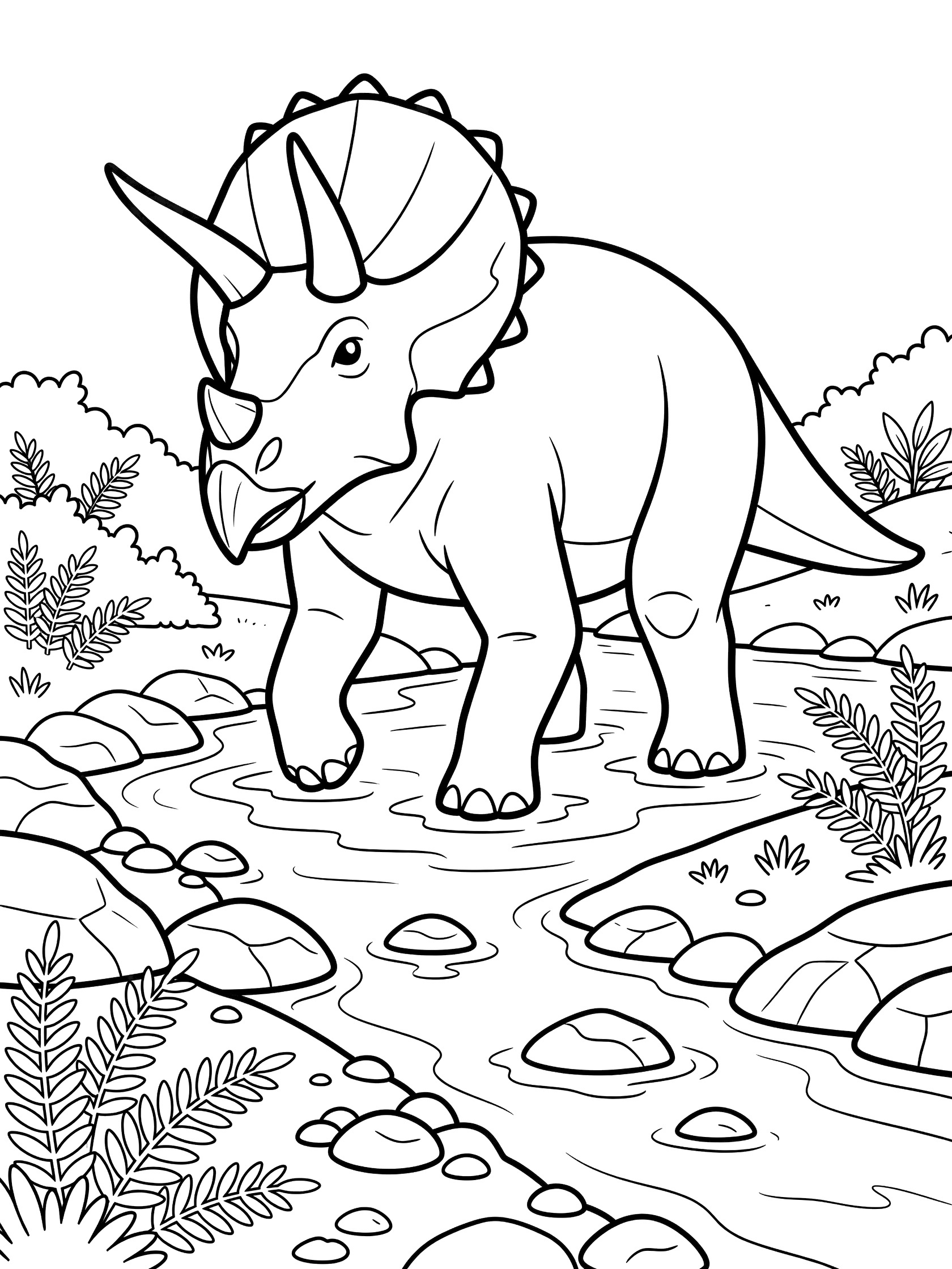Black and white line art coloring page showing a Triceratops with three horns and frill crossing a shallow stream surrounded by rocks and ferns