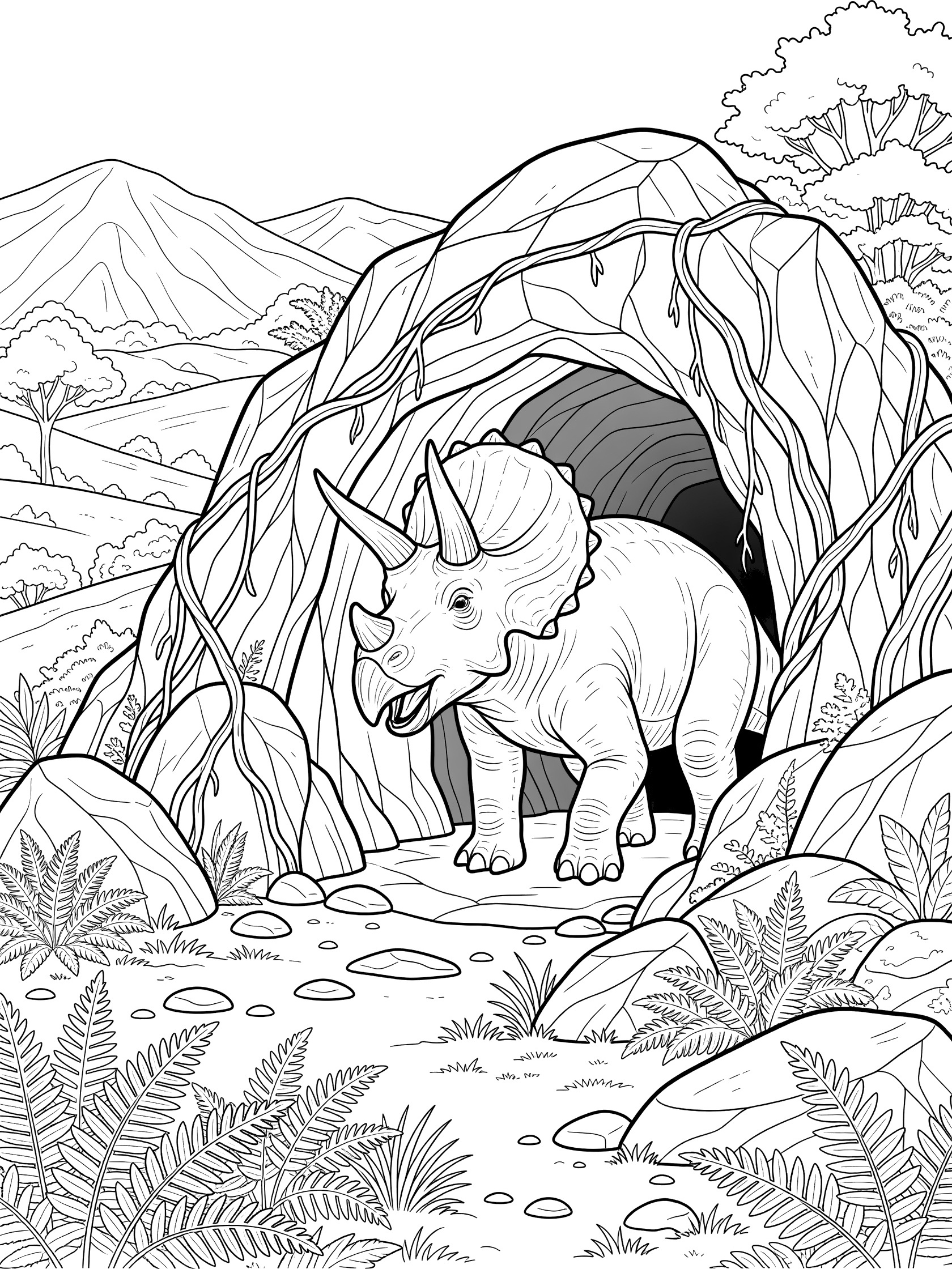 Black and white line art of a Triceratops with large horns and frill standing at a cave entrance, head lowered curiously inside, surrounded by ferns, rocks, vines, and distant hills.