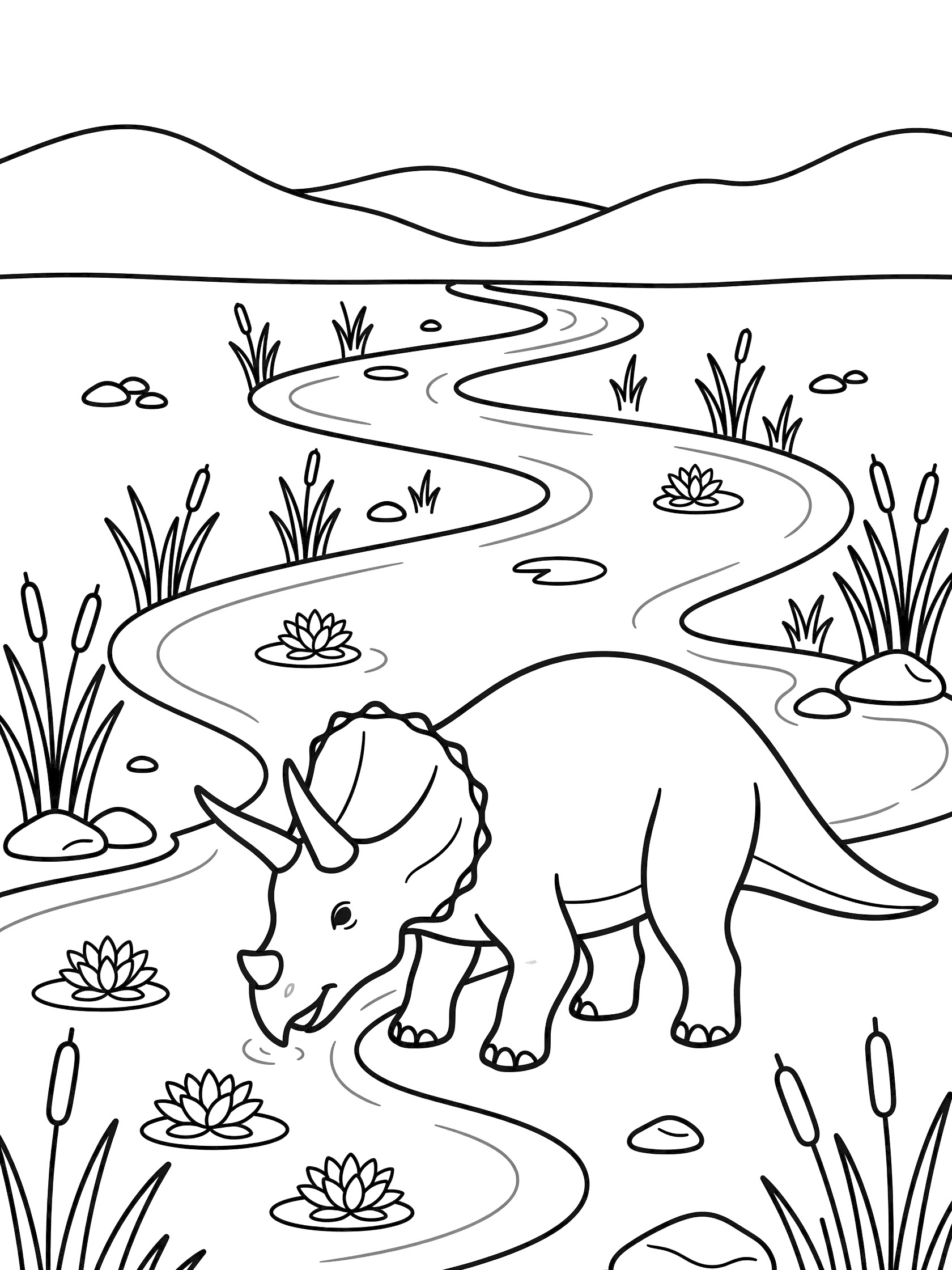 Black and white line art coloring page showing a triceratops bending to drink from a curving river lined with reeds and pebbles, water lilies floating nearby, and distant hills in the background.