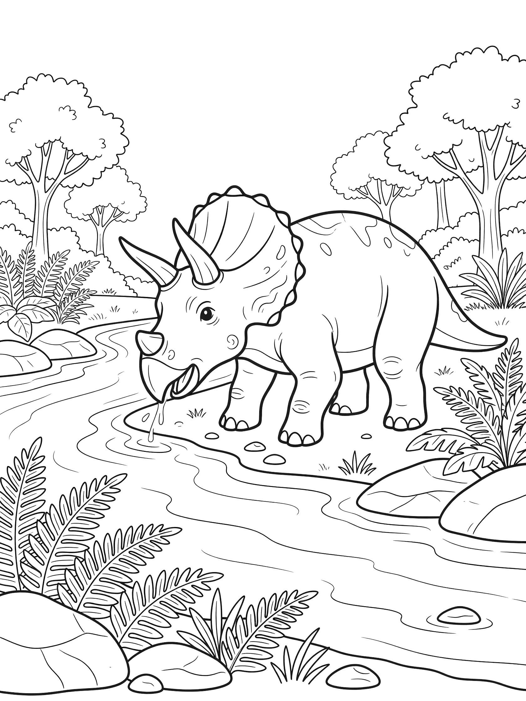 Whimsical line art coloring page showing a Triceratops lowering its head to drink at a river, surrounded by lush ferns, rocks, distant trees, and playful water ripples.