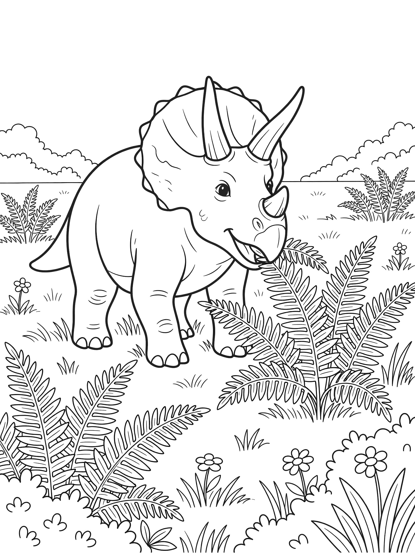 Black and white line art coloring page showing a triceratops with three horns and frill eating ferns surrounded by grass bushes and small flowers in a meadow.