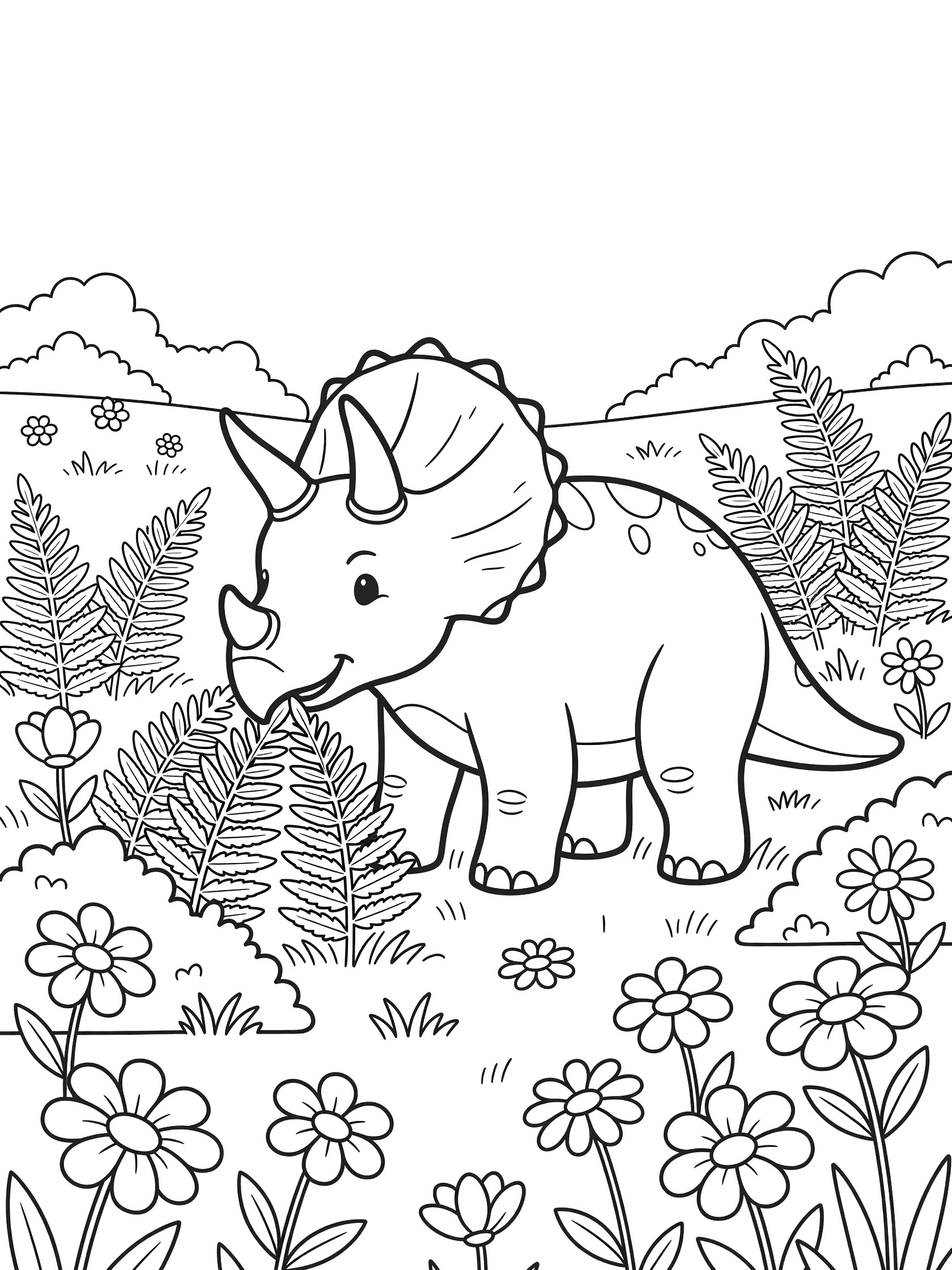 Black and white line art coloring page showing a triceratops with three horns and frill eating tall ferns surrounded by flowers and bushes in a meadow.