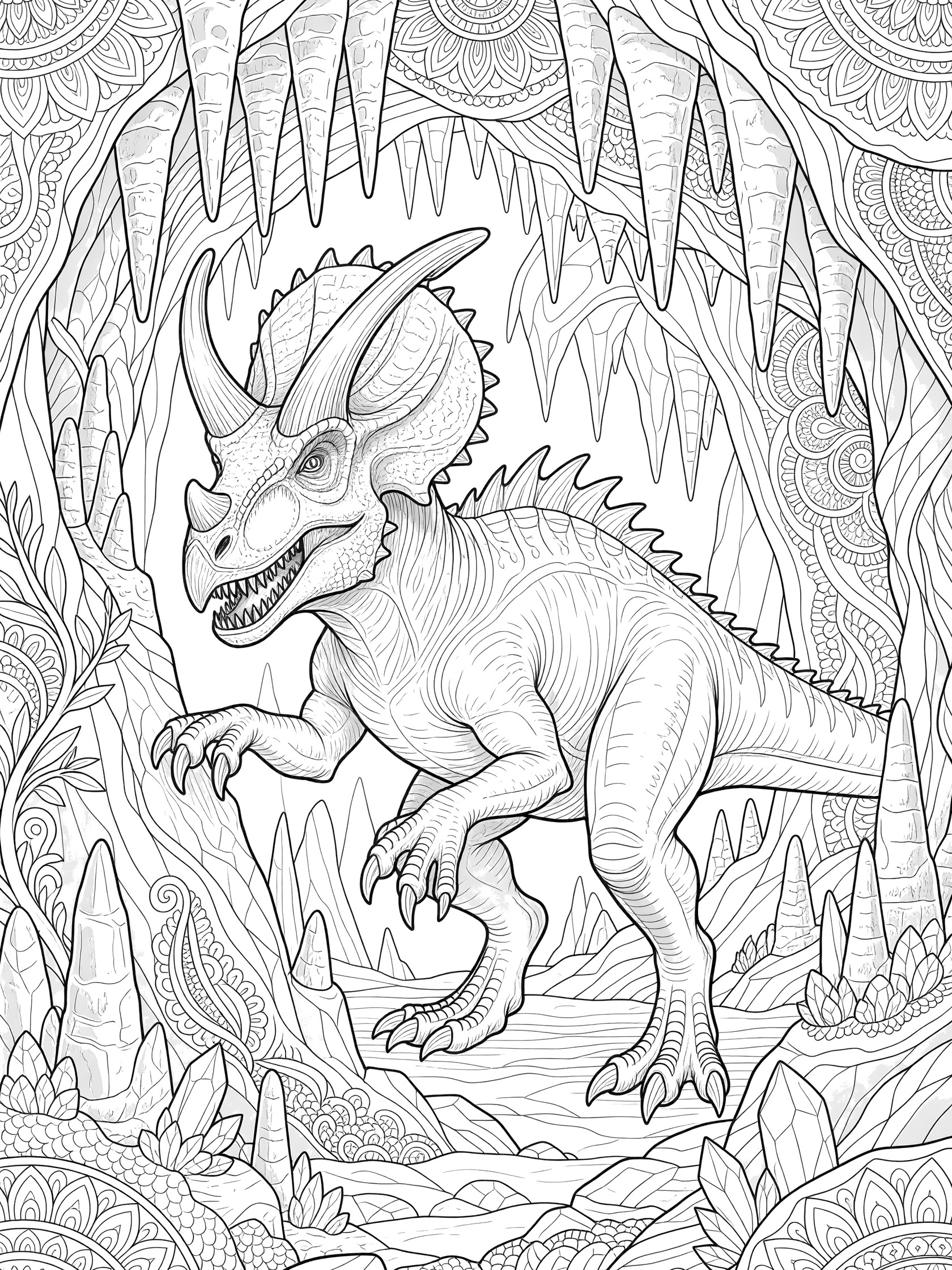 Black-and-white line art coloring page showing a Triceratops with horns and frill cautiously exploring a deep cave, surrounded by stalactites, rocks, and detailed patterns. Indominus Rex themed black and white printable line art