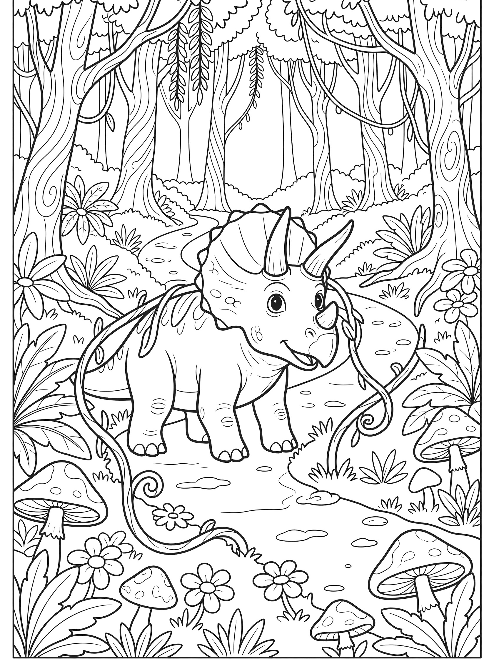 Whimsical line art coloring page showing a Triceratops with three horns and big eyes exploring a jungle path lined with giant vines, broad leaves, oversized mushrooms, flowers, ferns, and tall twisting trees.