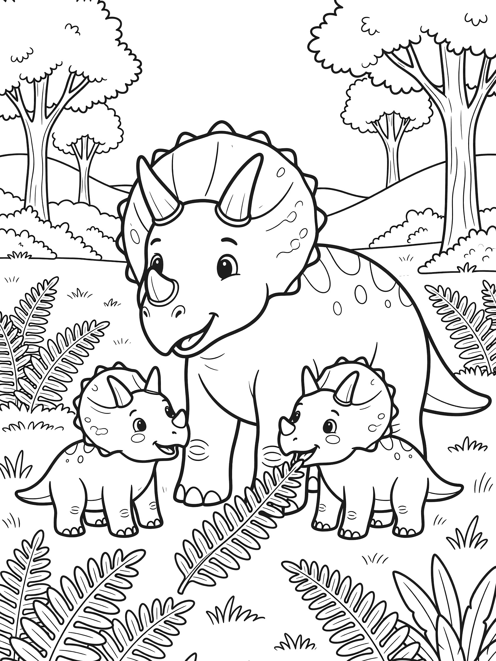 Black and white line art of a large Triceratops parent with two baby Triceratops nuzzling and eating leaves in a meadow with ferns, bushes, hills and trees.