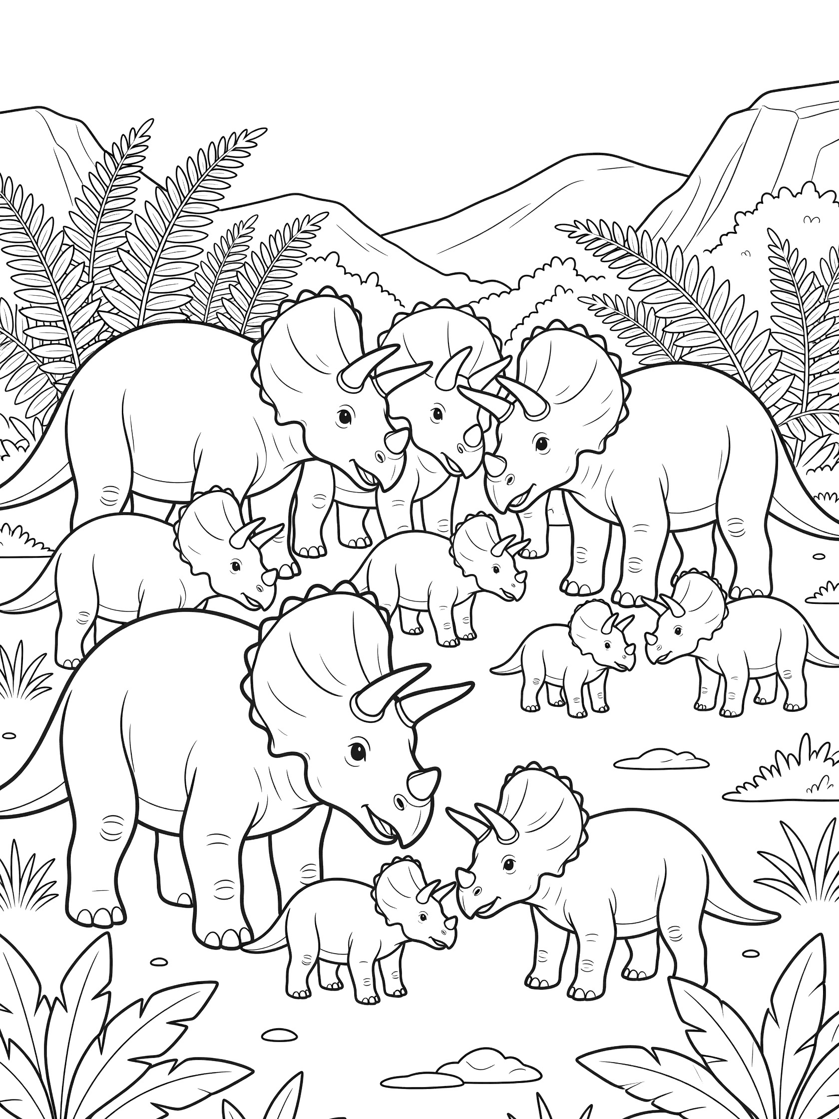 Black and white line art of a Triceratops herd gathering in a lush valley, with adults and babies among ferns and distant hills.