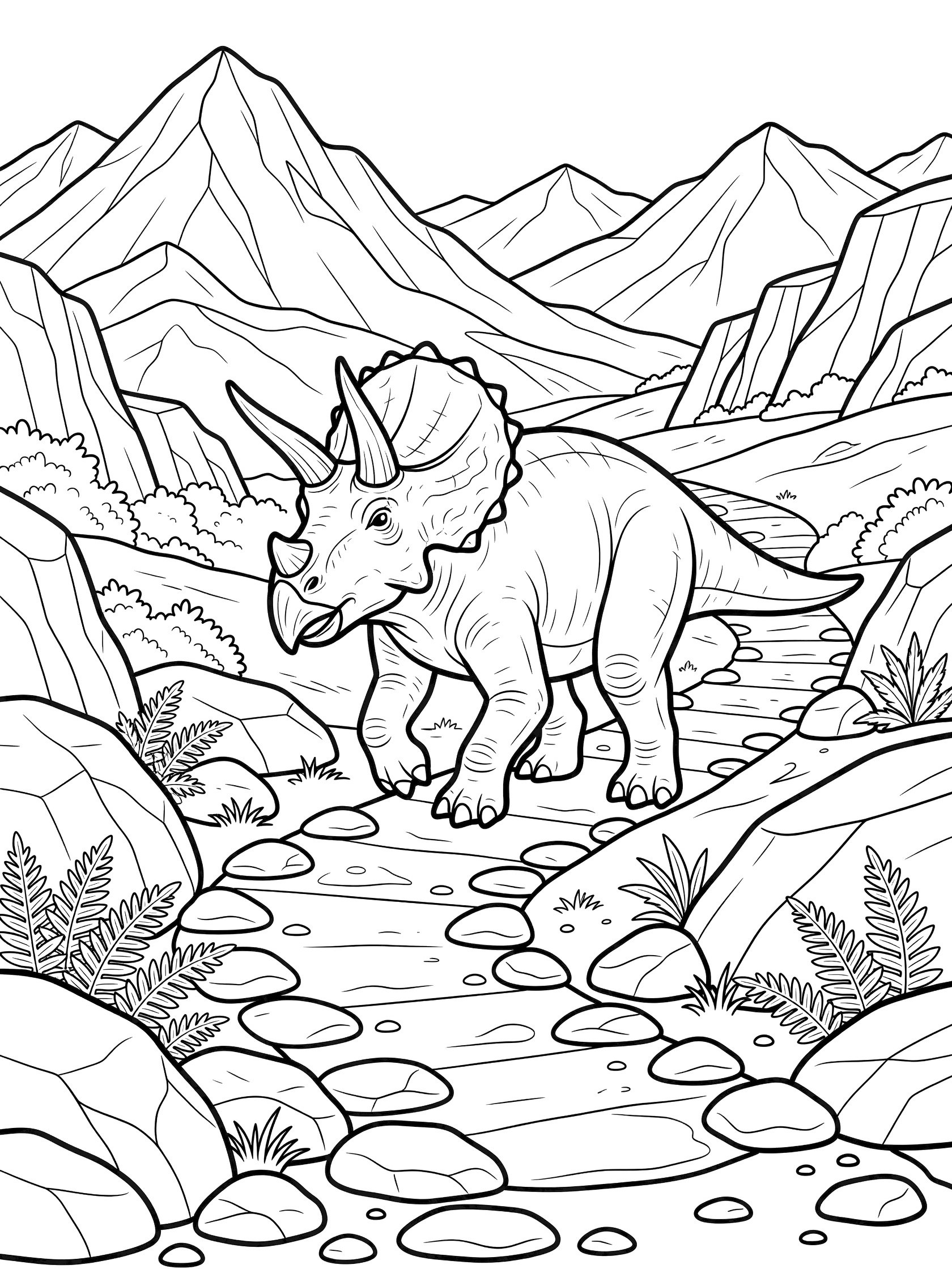 Black and white line art coloring page showing a Triceratops dinosaur striding on a winding mountain path surrounded by rocks, ferns, and distant jagged mountains.