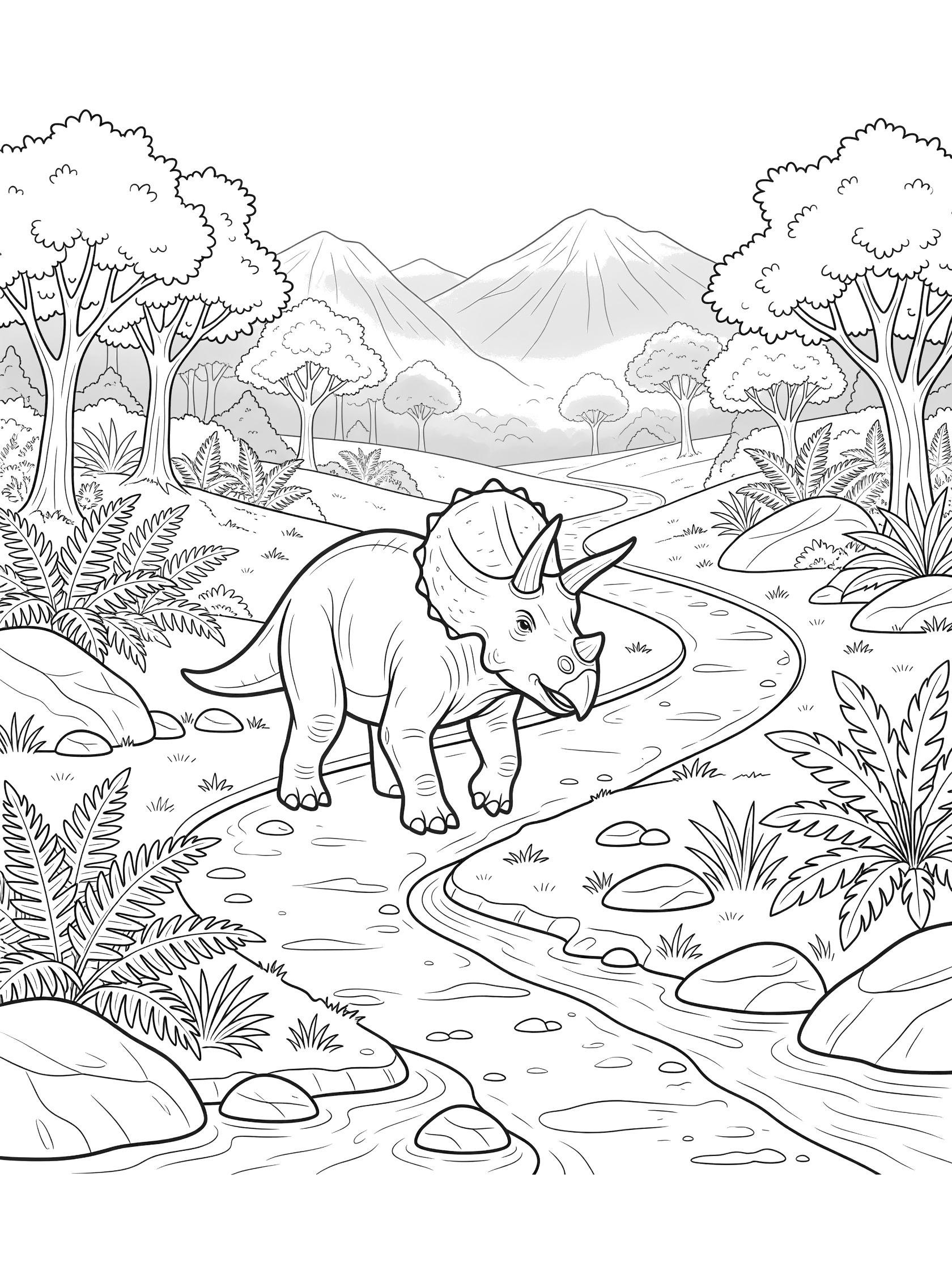 Line art coloring page showing a Triceratops in mid-stride on a winding dirt path in a lush valley with tall ferns, ancient trees, rocks, a stream, and distant mountains.
