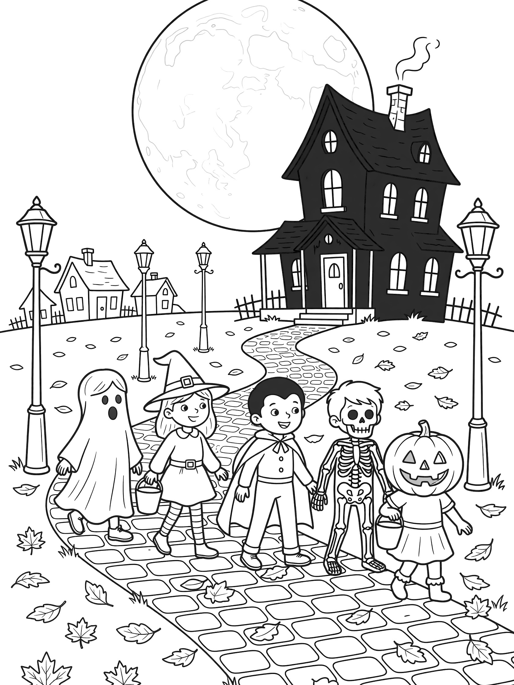 Black and white line art coloring page showing trick-or-treaters in ghost, witch, skeleton, superhero costumes walking under a massive full moon toward a haunted house on a winding path with lamps and leaves.
