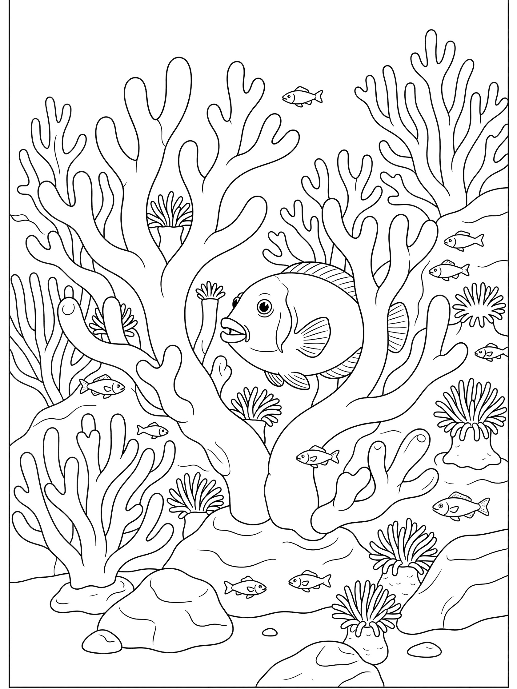 Black and white line art coloring page showing a triggerfish looking out from behind coral, surrounded by small fish, anemones, and reef rocks.