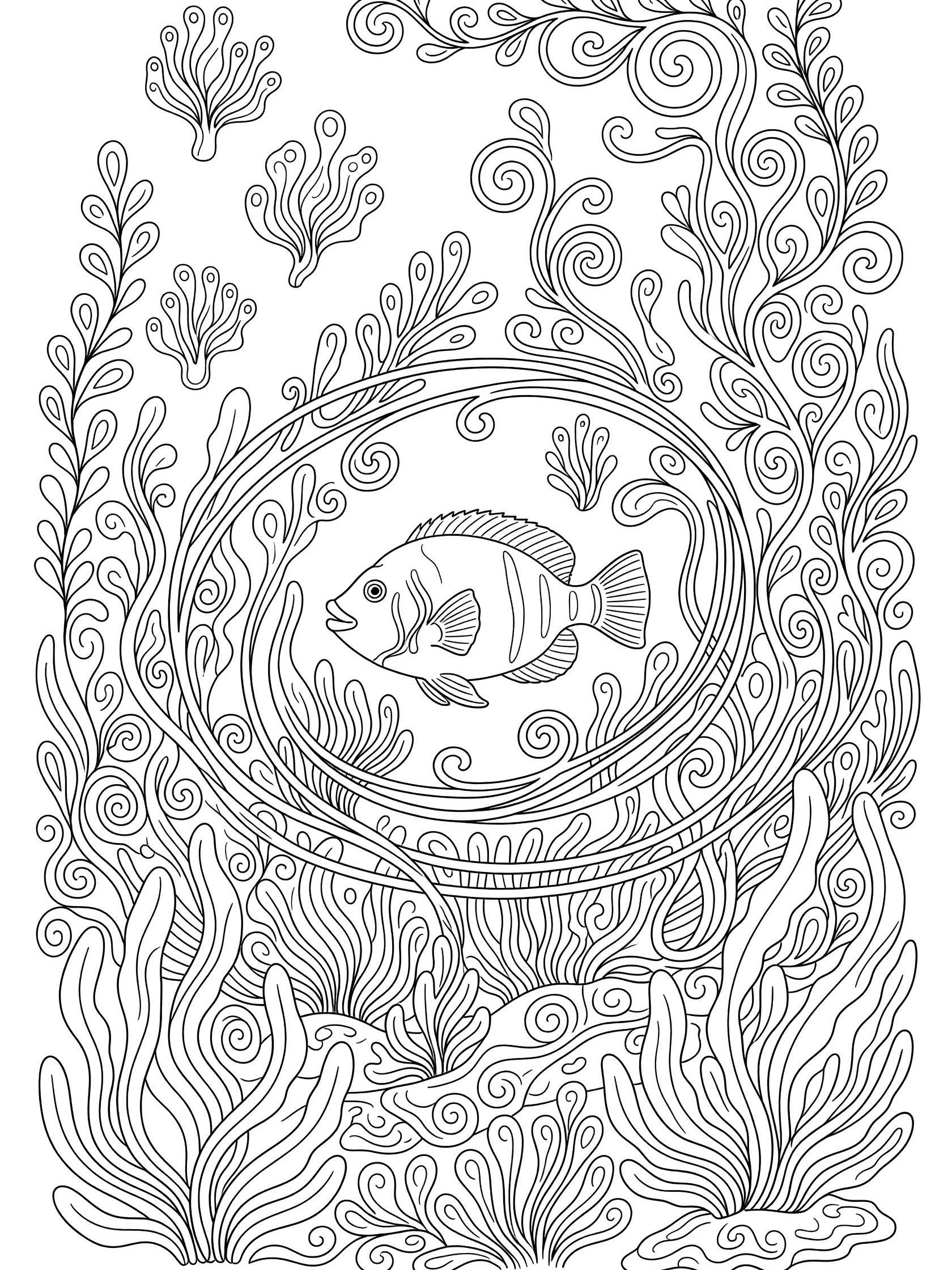 Black and white line art coloring page showing a triggerfish inside a circle of twisting seaweed strands and floating ocean plants.