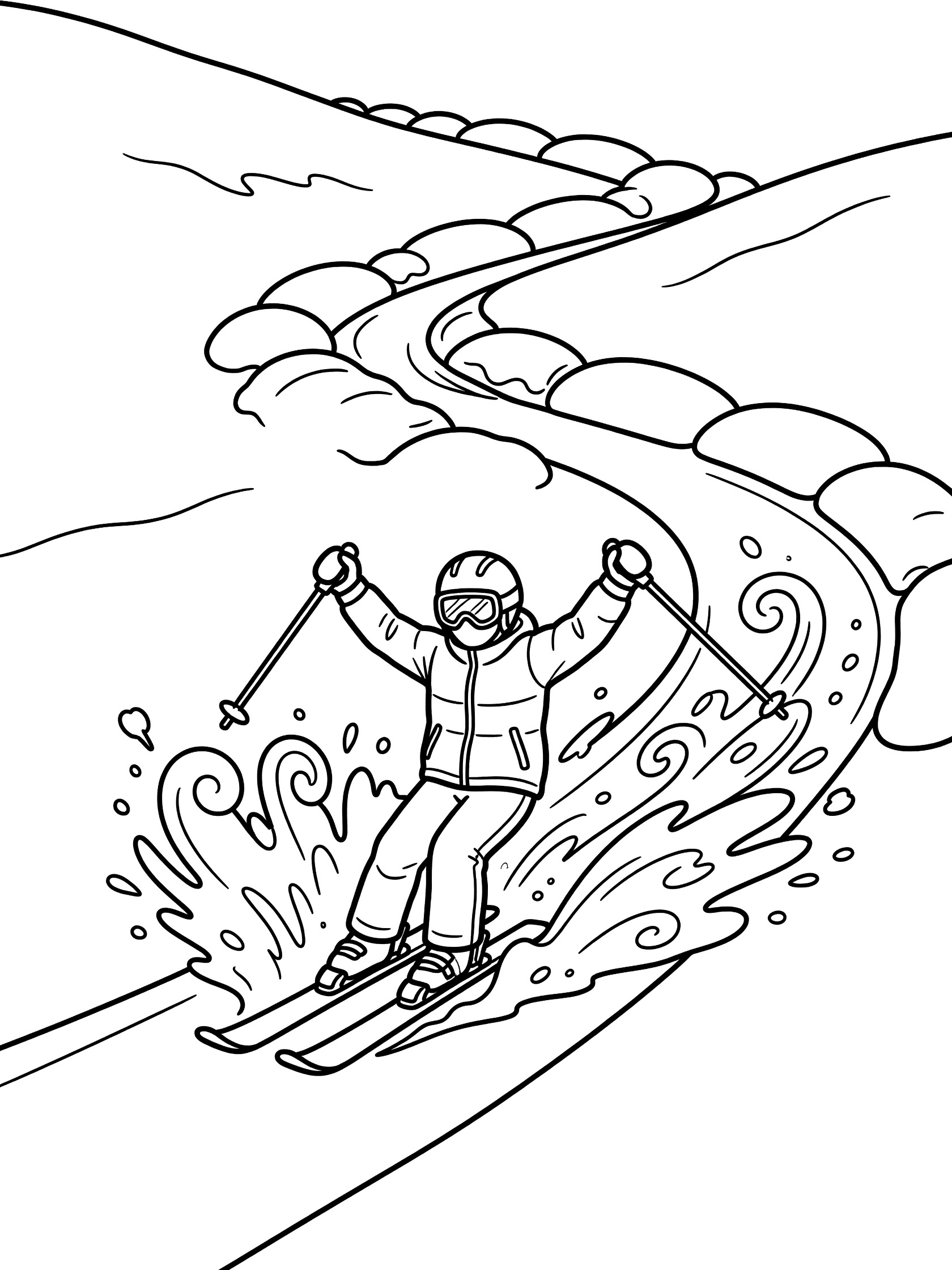 Black and white line art of a skier in helmet and jacket doing a triumphant hockey stop with parallel skis spraying snow after moguls run on bumpy slope.