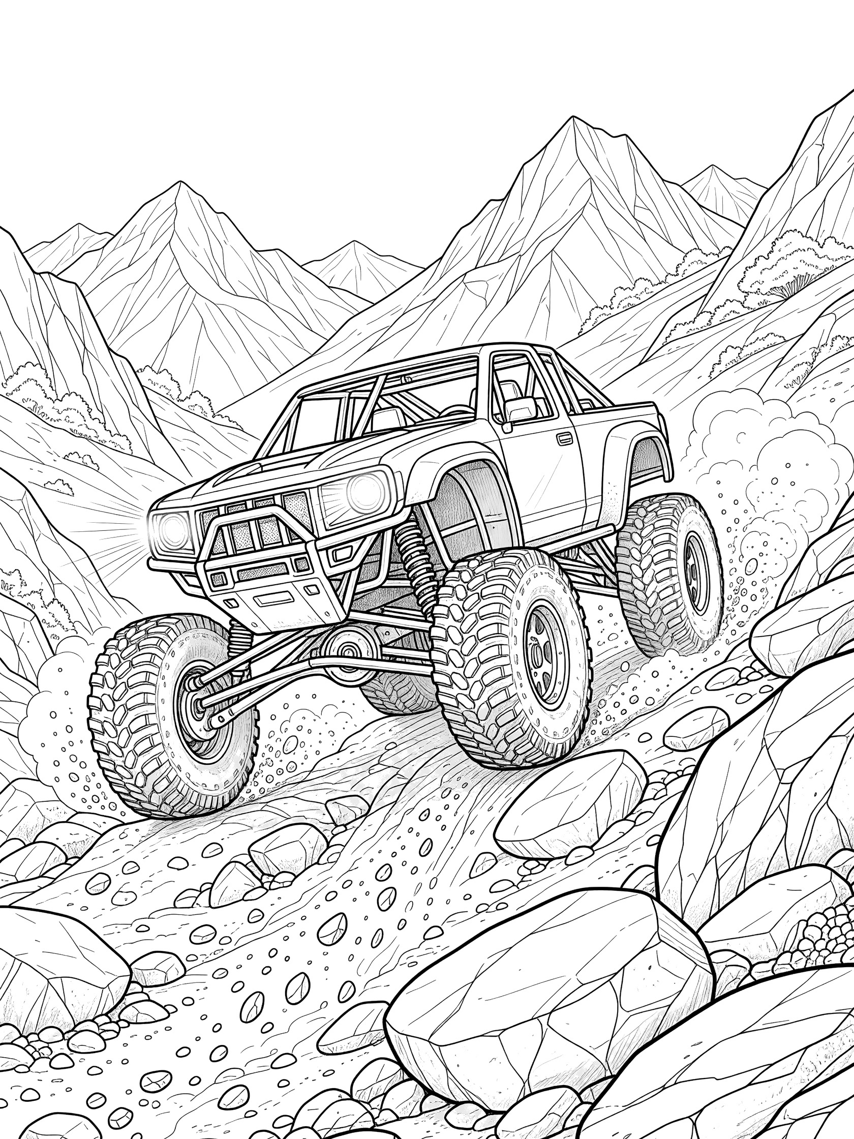 Black and white line art of a rugged trophy truck dynamically climbing jagged rocks on a steep hillside, with oversized knobby tires, high suspension, roll cage, and tumbling rocks.