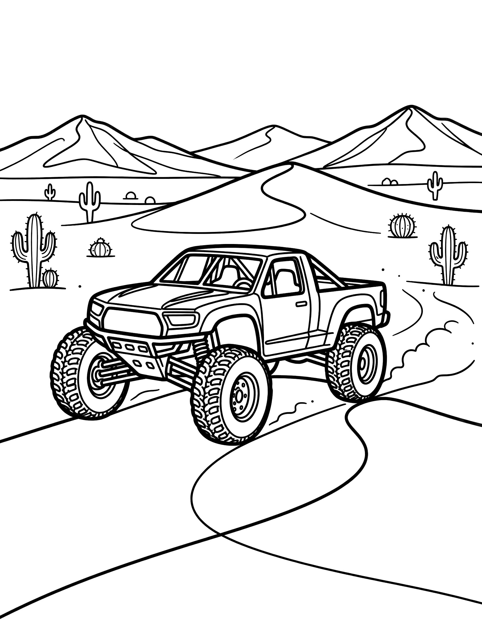 Black and white line art of a trophy truck with big tires racing on a curvy desert path surrounded by mountains, cacti, and sand dunes.