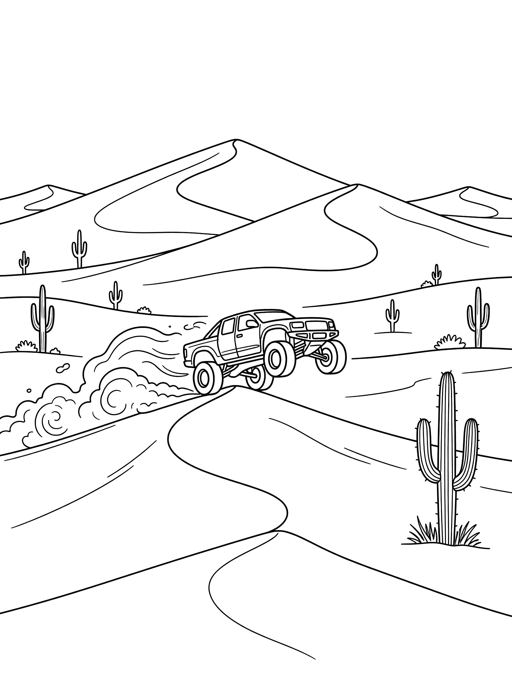 Black and white line art of a trophy truck jumping over tall sand dunes with dust behind the wheels, cacti in the sandy Baja desert background.