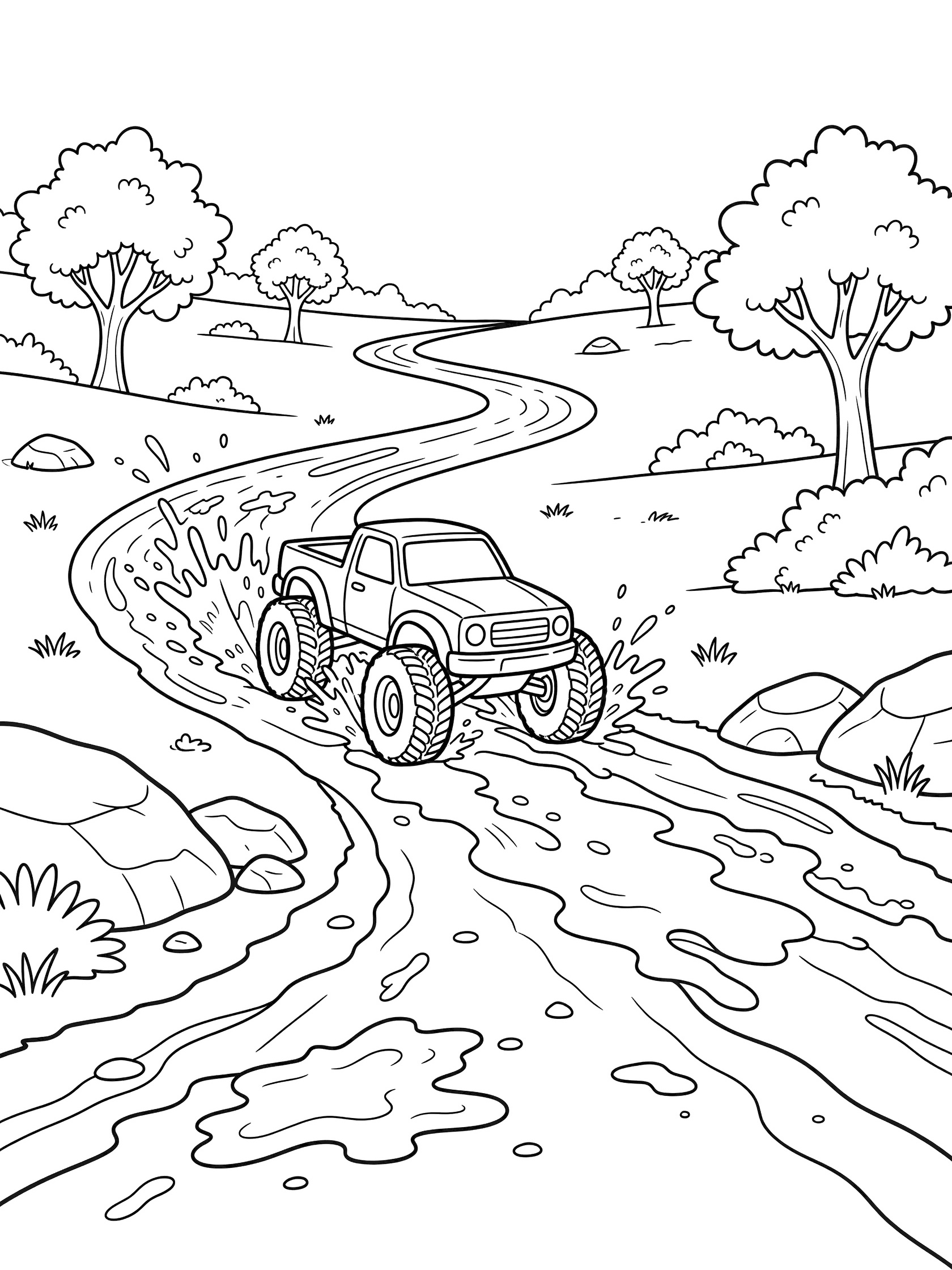 Line art coloring page showing a trophy truck with oversized tires driving fast on a winding muddy trail, splashing through puddles with mud flying, surrounded by simple trees, bushes and rocks.