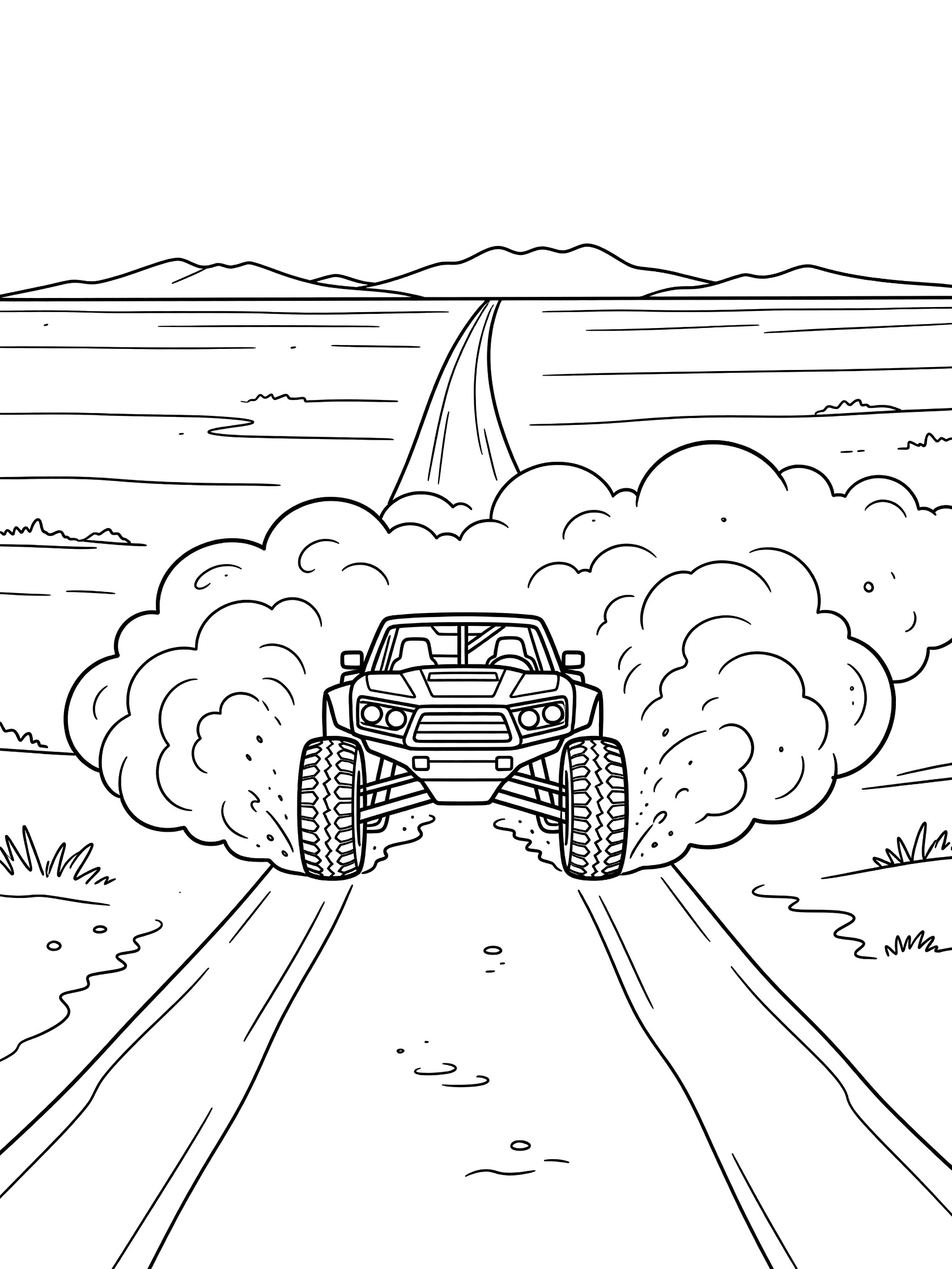 Black and white coloring page of a trophy truck speeding straight down a dusty trail, huge sand clouds from tires, distant mountains, and open sky.