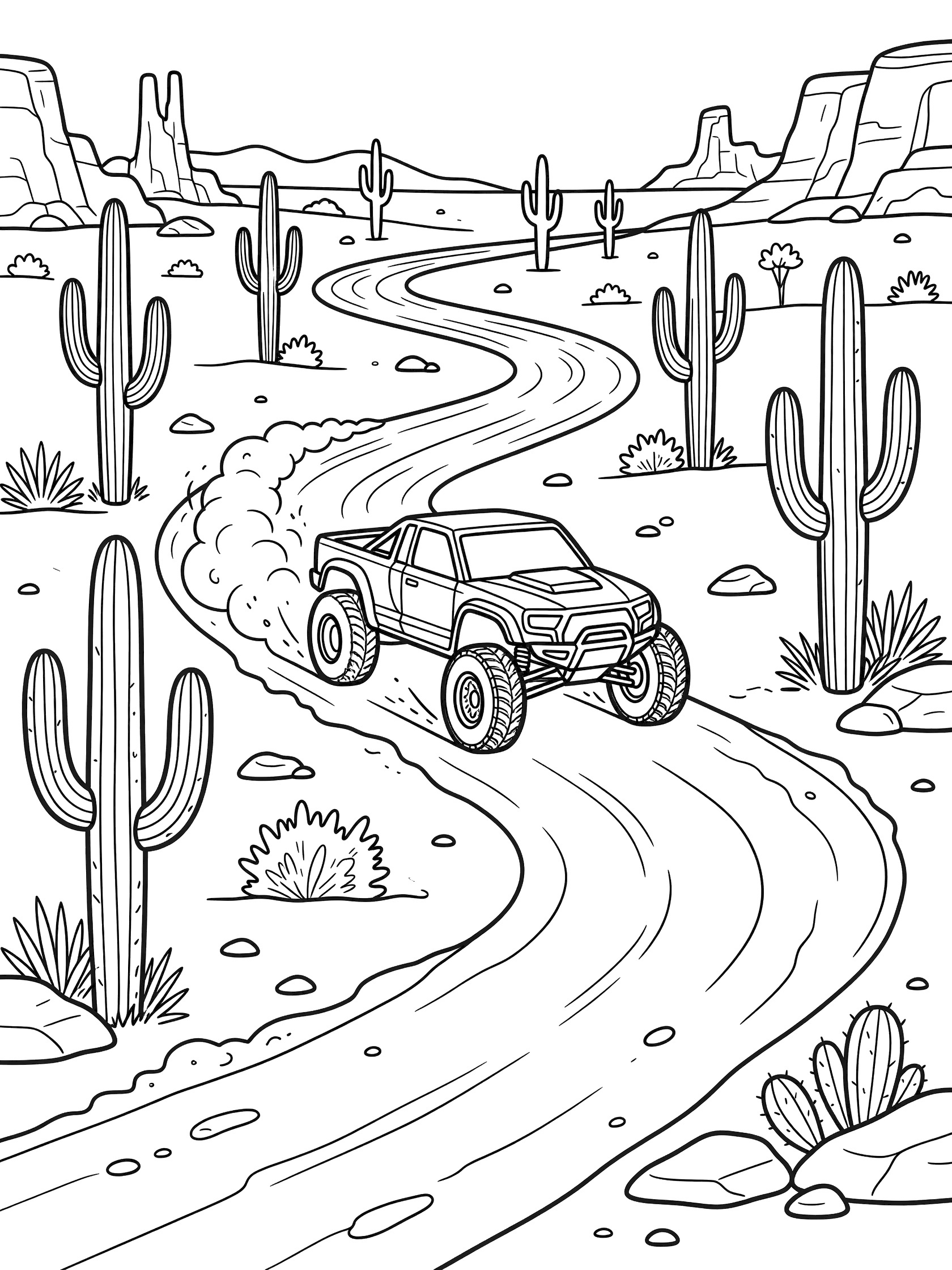 Black and white line art of a trophy truck speeding on a curvy dirt path surrounded by tall cacti in desert landscape with dust from tires