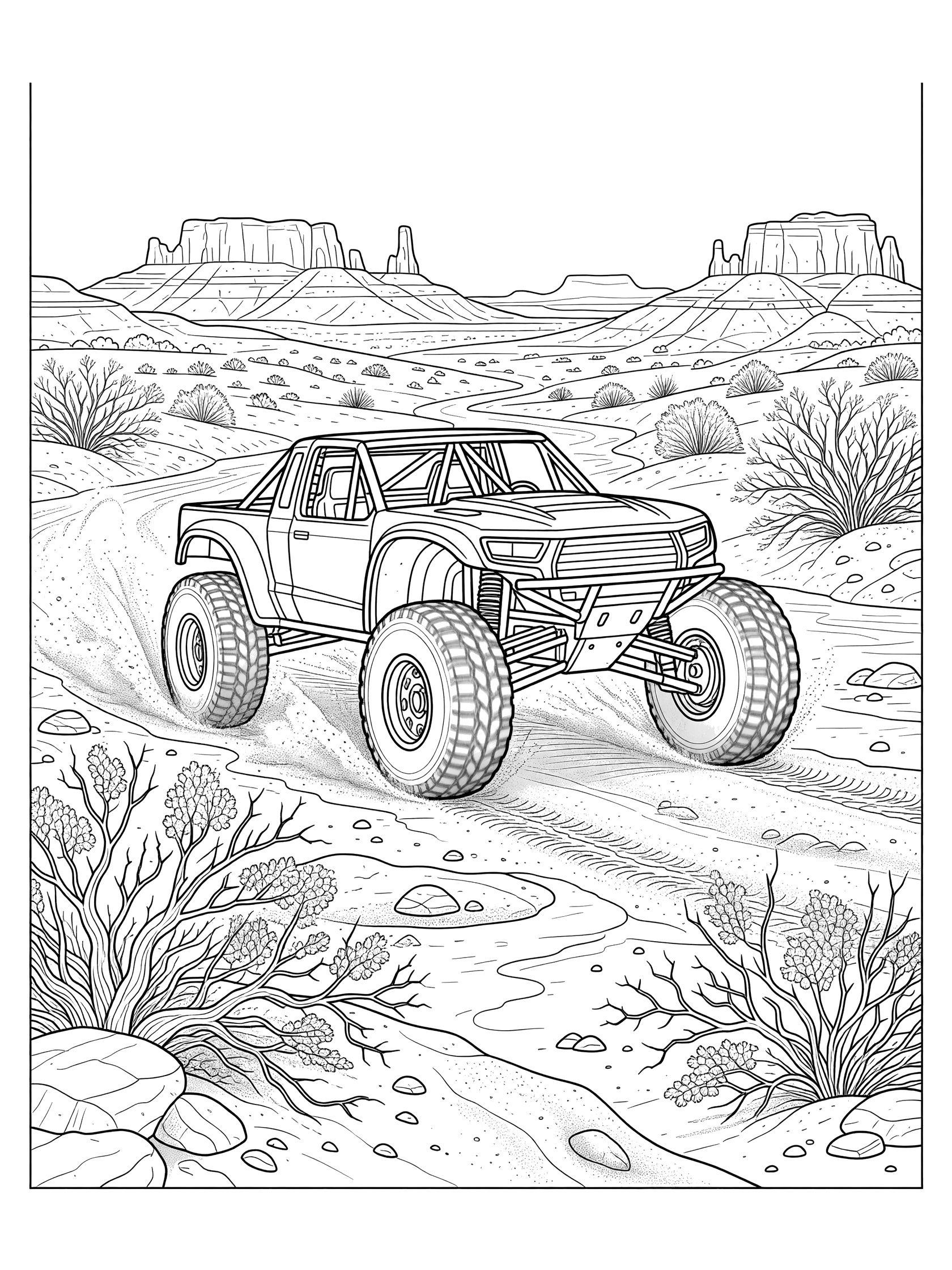 Black and white line art of a trophy truck speeding through a sandy dry wash with oversized tires splashing rocks, twisted shrubs, and distant mesas in the arid Baja wilderness.