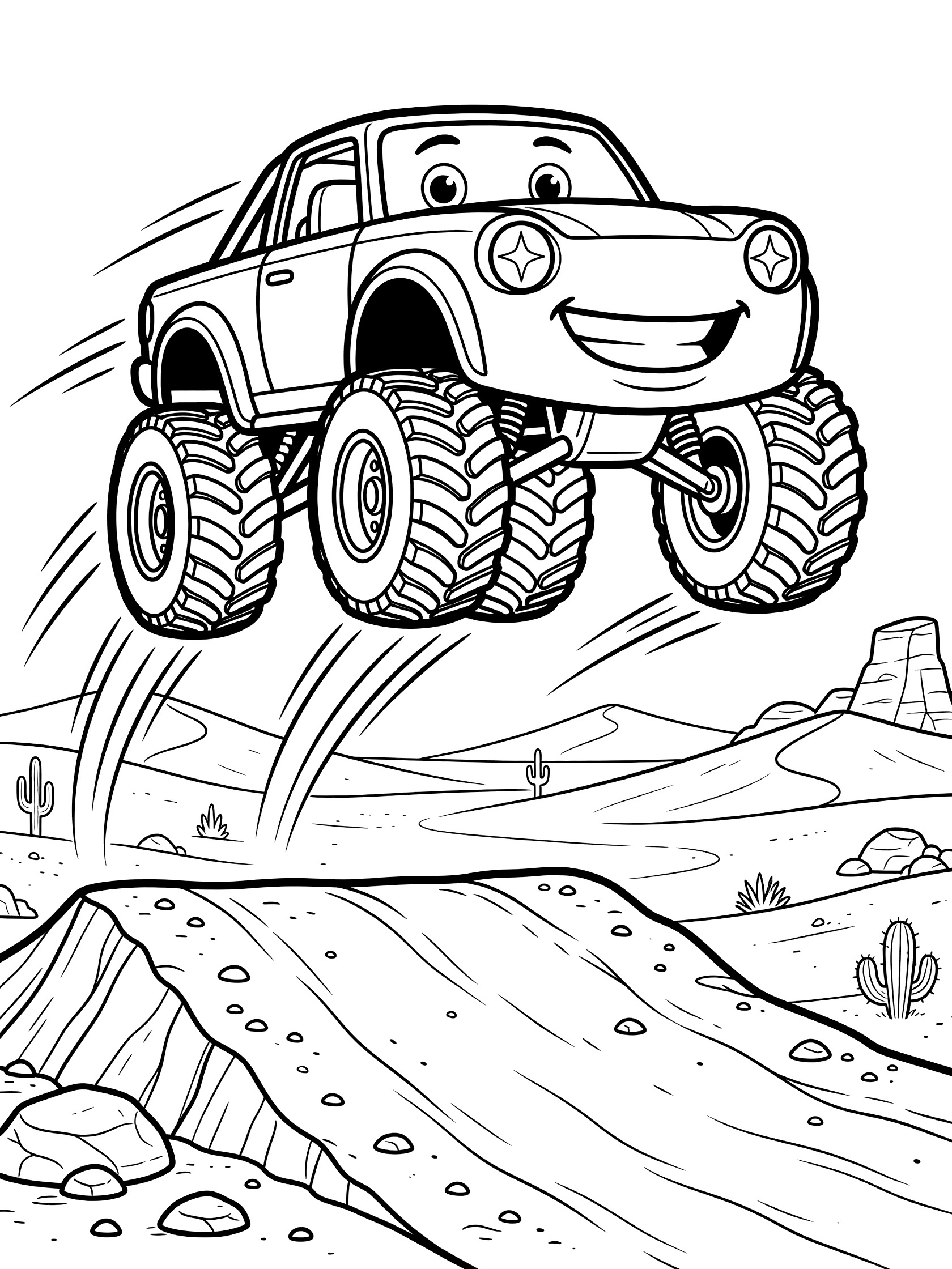 Black and white coloring page showing a grinning cartoon trophy truck with big headlights as eyes soaring mid-air over a steep dirt ramp, desert dunes, rocks, cacti and speed lines.