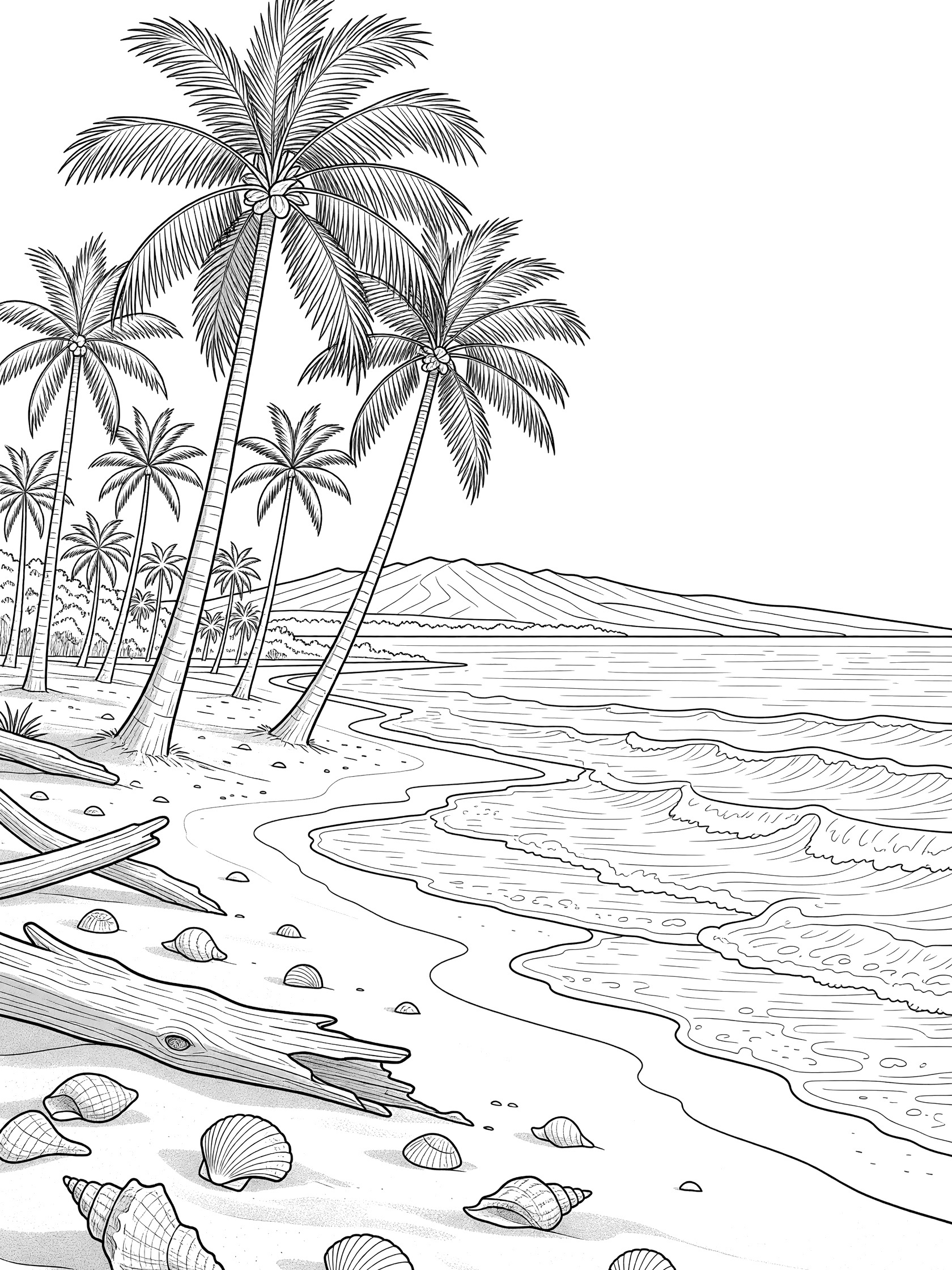 Black and white line art coloring page of a tropical beach with several palm trees, calm ocean waves, seashells and driftwood on sandy shore, and distant mountain silhouette. Hawaii themed black and white printable line art
