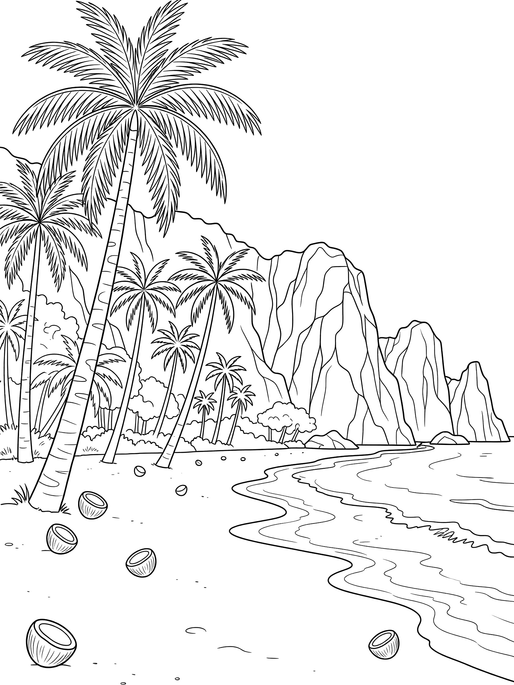 Black and white line art coloring page of a tropical beach with several tall palm trees, white sand, coconuts on the beach, waves, and steep cliffs in the background. Maya Bay themed black and white printable line art