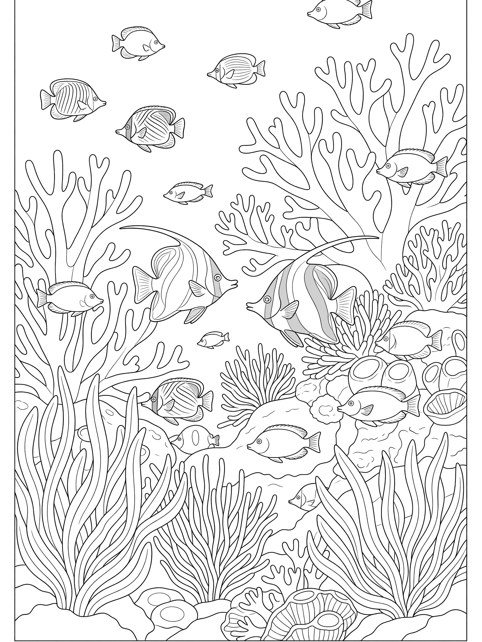 Black and white line art coloring page showing many tropical fish like angelfish and butterflyfish swimming among branching corals, anemones, shells, and seaweed. Hawaii themed black and white printable line art