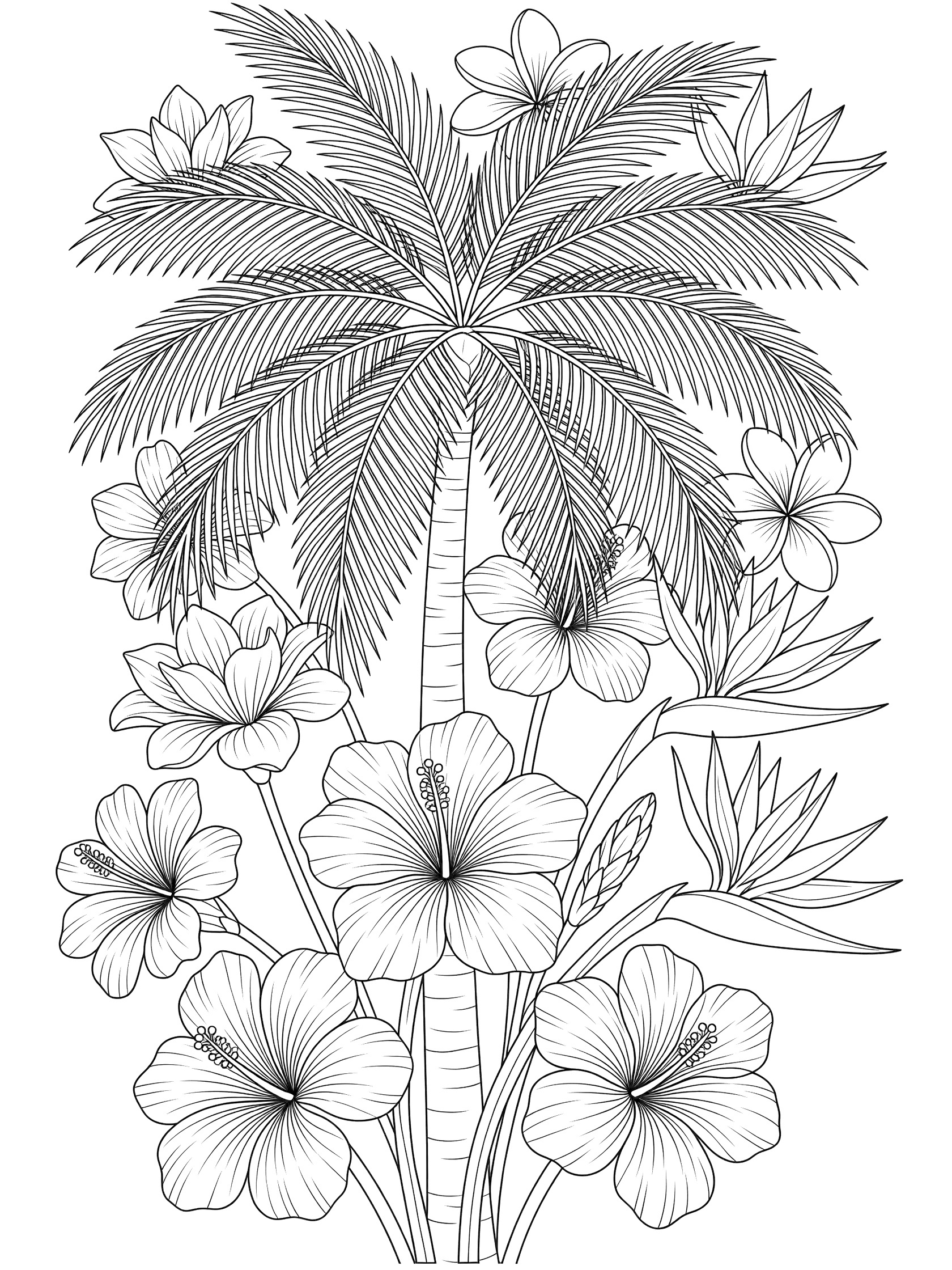 Black and white line art coloring page showing a central tall palm tree with overlapping fronds and large tropical flowers like hibiscus and bird of paradise at the base.