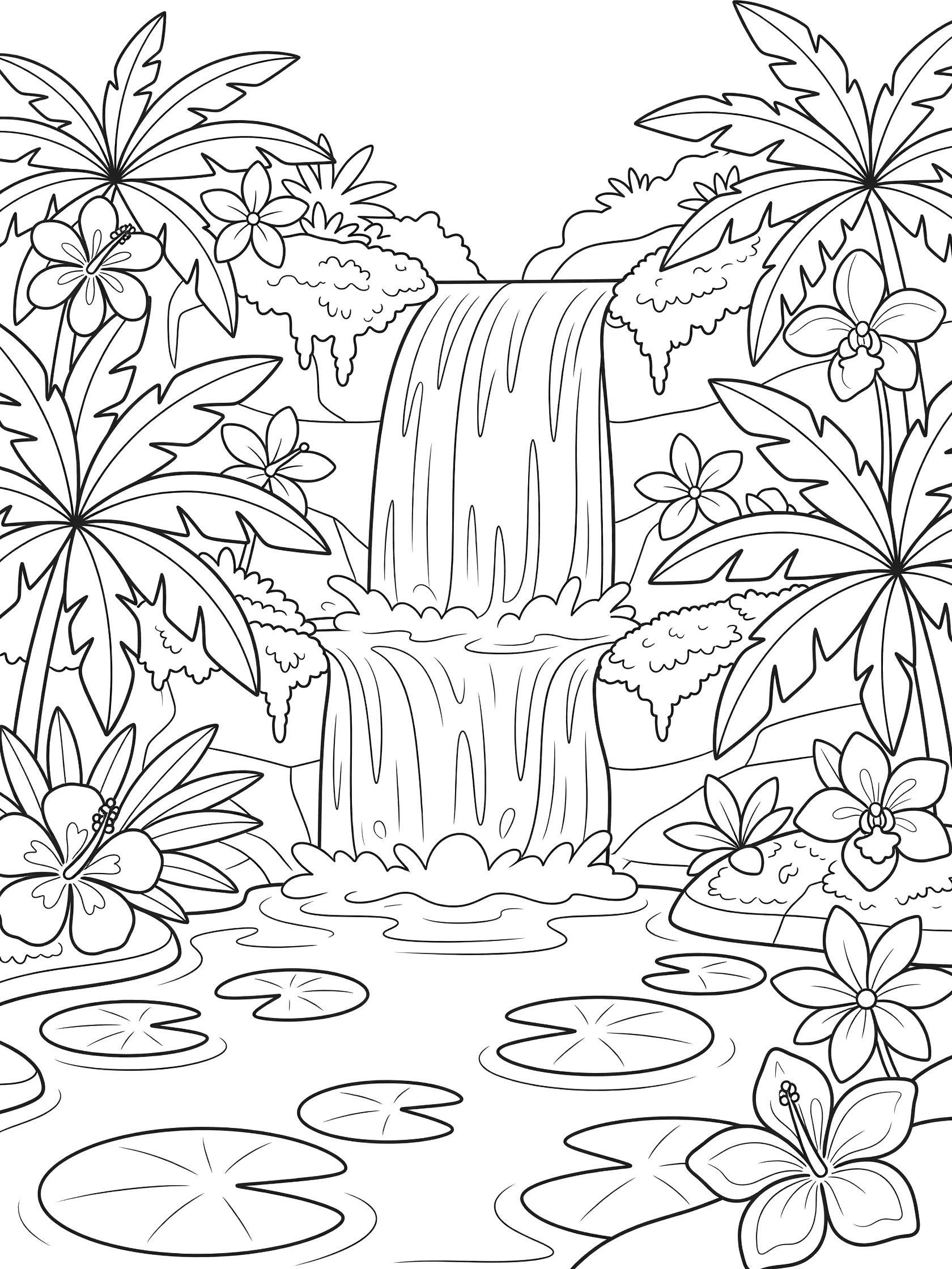Black and white line art coloring page showing a waterfall flowing into a lagoon with palm leaves, large flowers, and lily pads.