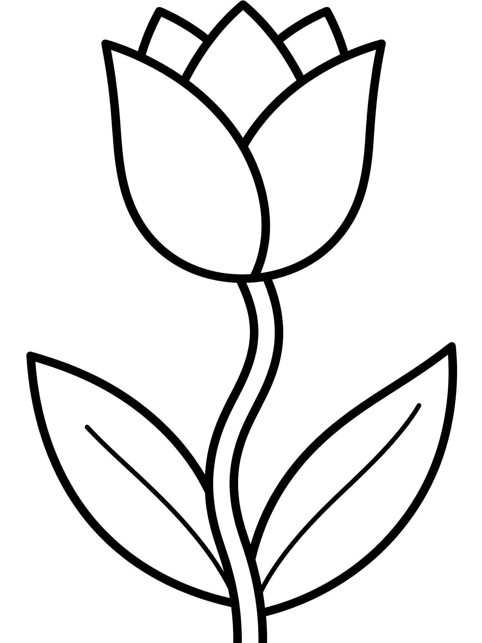 Black and white line drawing of a tulip flower with geometric petals, twisting stem, and two leaves on a white background