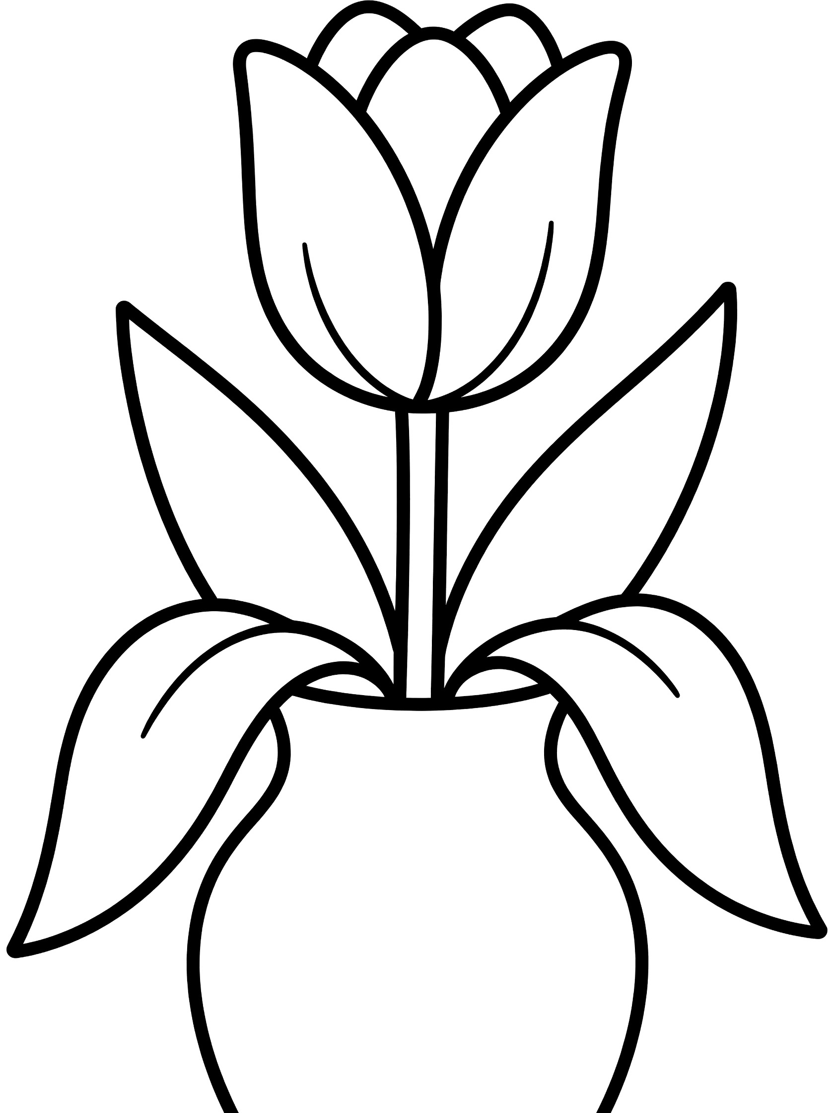 Black and white coloring page of a tulip flower with petals, stem, two leaves, inside a rounded vase.
